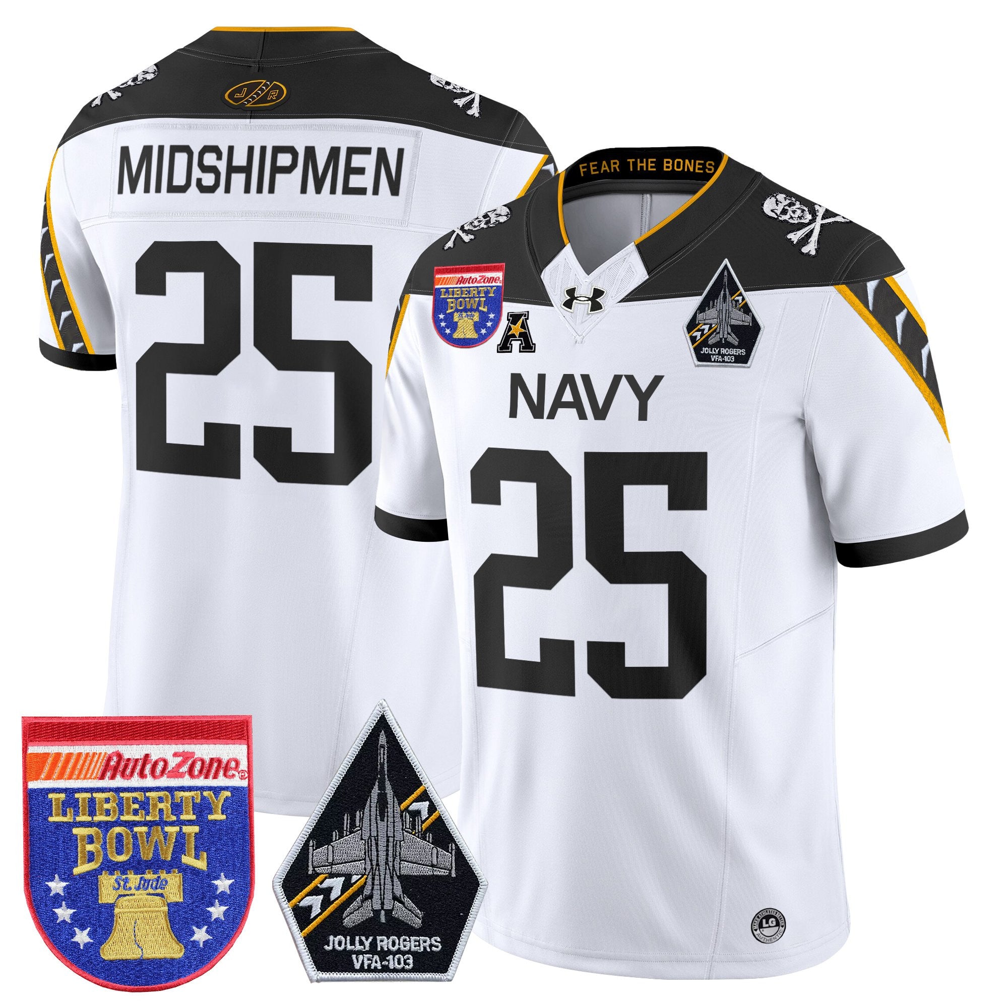 Men's Navy Midshipmen 'Jolly Rogers Edition' Vapor Limited Jersey - 2026 Liberty Bowl Patch - All Stitched