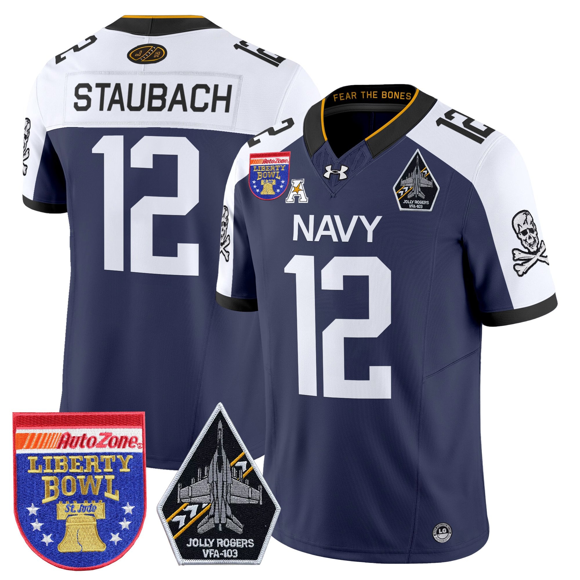Men's Navy Midshipmen 'Jolly Rogers Edition' Vapor Limited Jersey - 2026 Liberty Bowl Patch - All Stitched