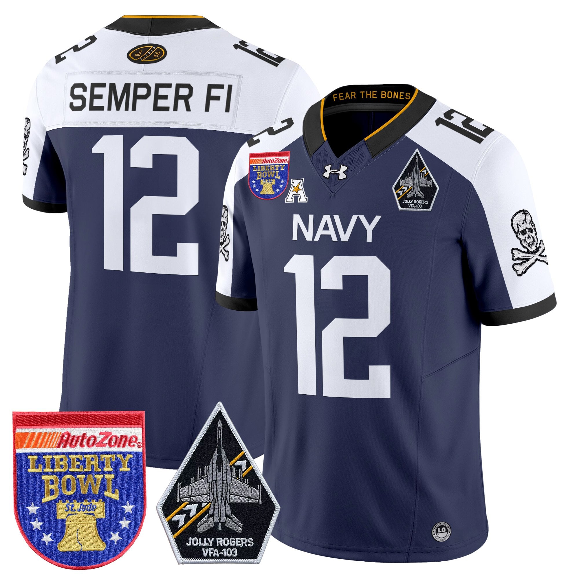 Men's Navy Midshipmen 'Jolly Rogers Edition' Vapor Limited Jersey - 2026 Liberty Bowl Patch - All Stitched