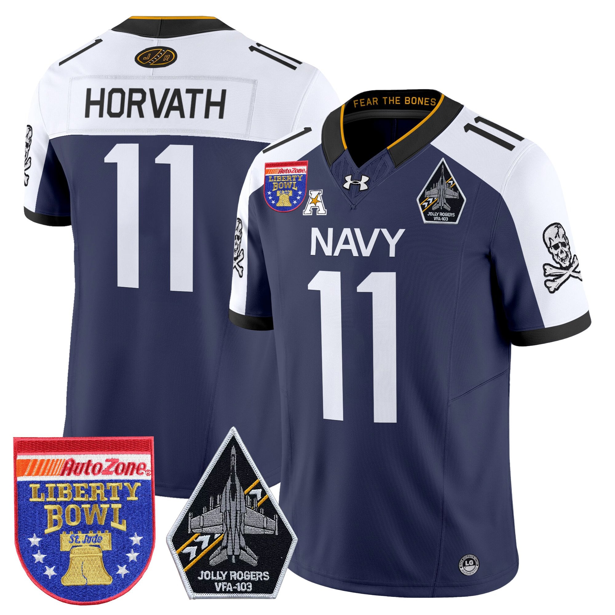 Men's Navy Midshipmen 'Jolly Rogers Edition' Vapor Limited Jersey - 2026 Liberty Bowl Patch - All Stitched