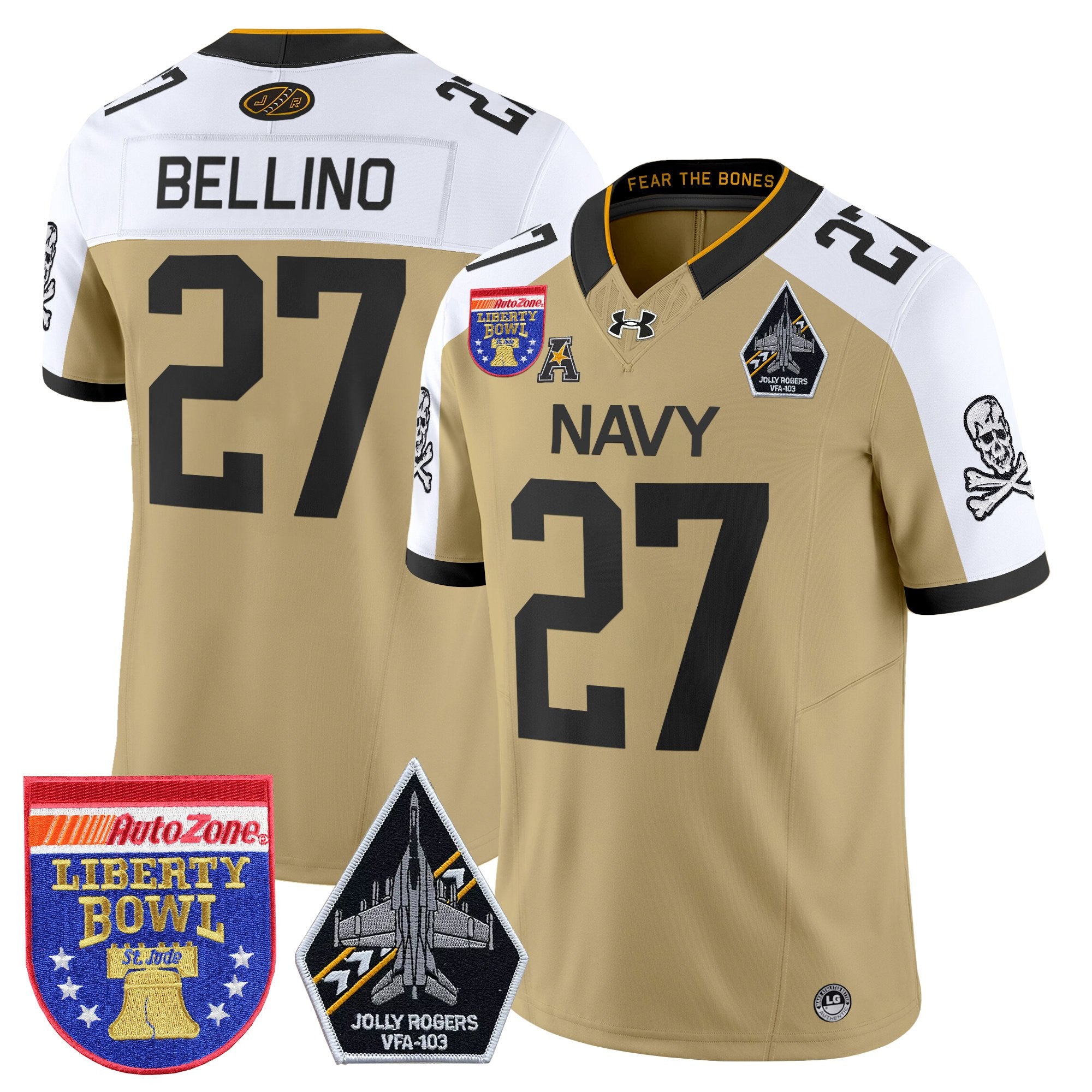 Men's Navy Midshipmen 'Jolly Rogers Edition' Vapor Limited Jersey - 2026 Liberty Bowl Patch - All Stitched