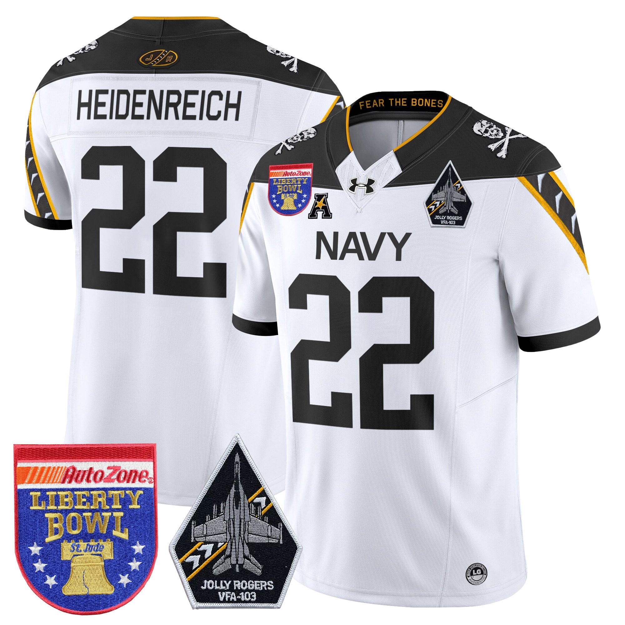 Men's Navy Midshipmen 'Jolly Rogers Edition' Vapor Limited Jersey - 2026 Liberty Bowl Patch - All Stitched