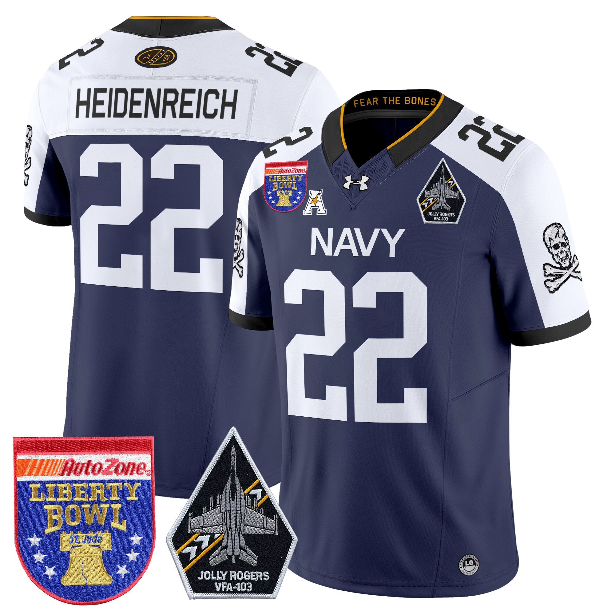 Men's Navy Midshipmen 'Jolly Rogers Edition' Vapor Limited Jersey - 2026 Liberty Bowl Patch - All Stitched
