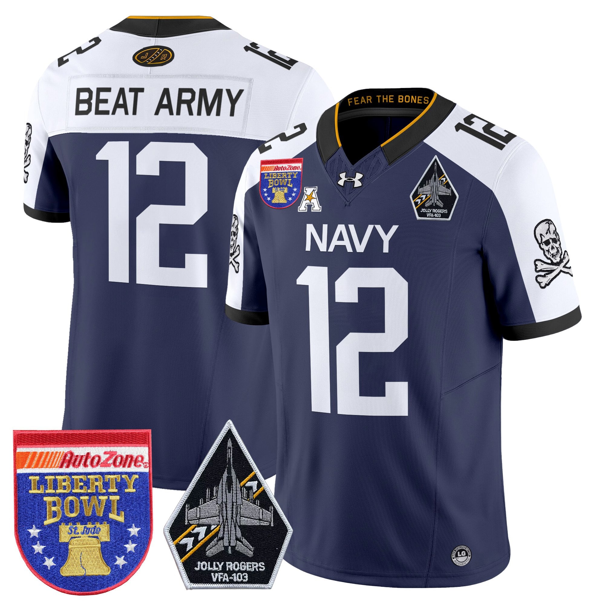 Men's Navy Midshipmen 'Jolly Rogers Edition' Vapor Limited Jersey - 2026 Liberty Bowl Patch - All Stitched