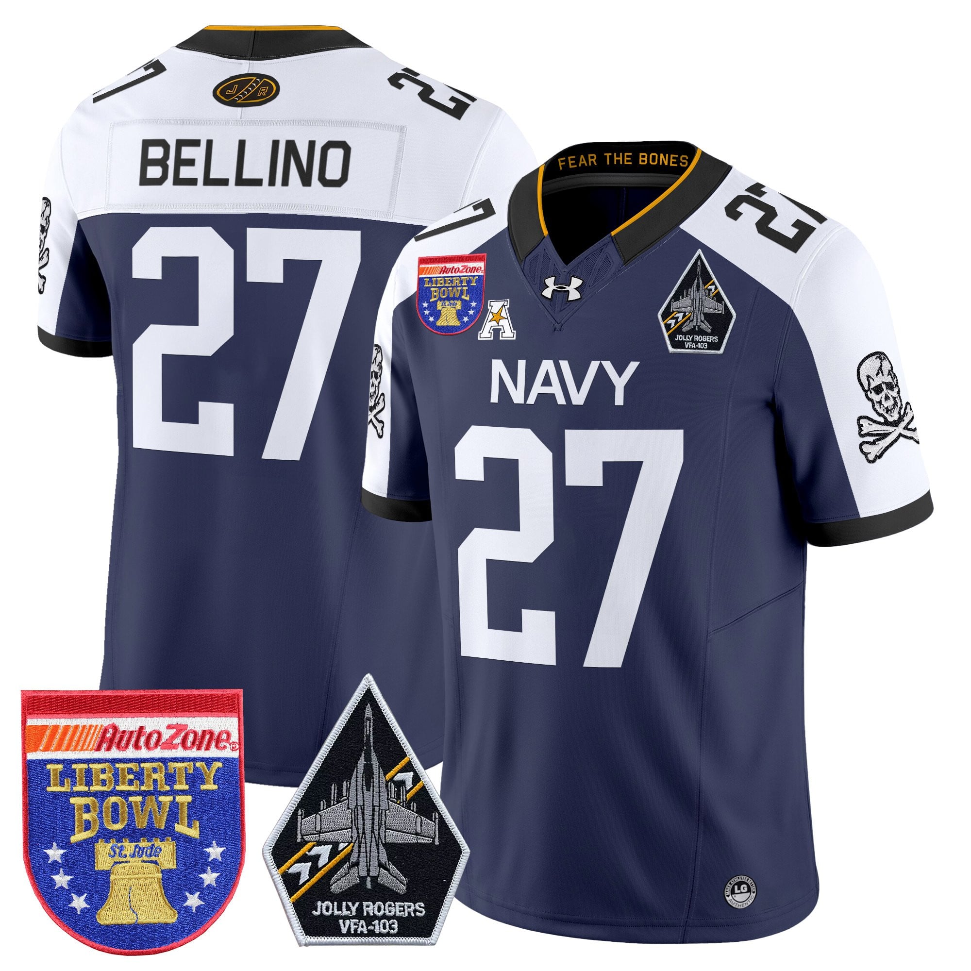 Men's Navy Midshipmen 'Jolly Rogers Edition' Vapor Limited Jersey - 2026 Liberty Bowl Patch - All Stitched