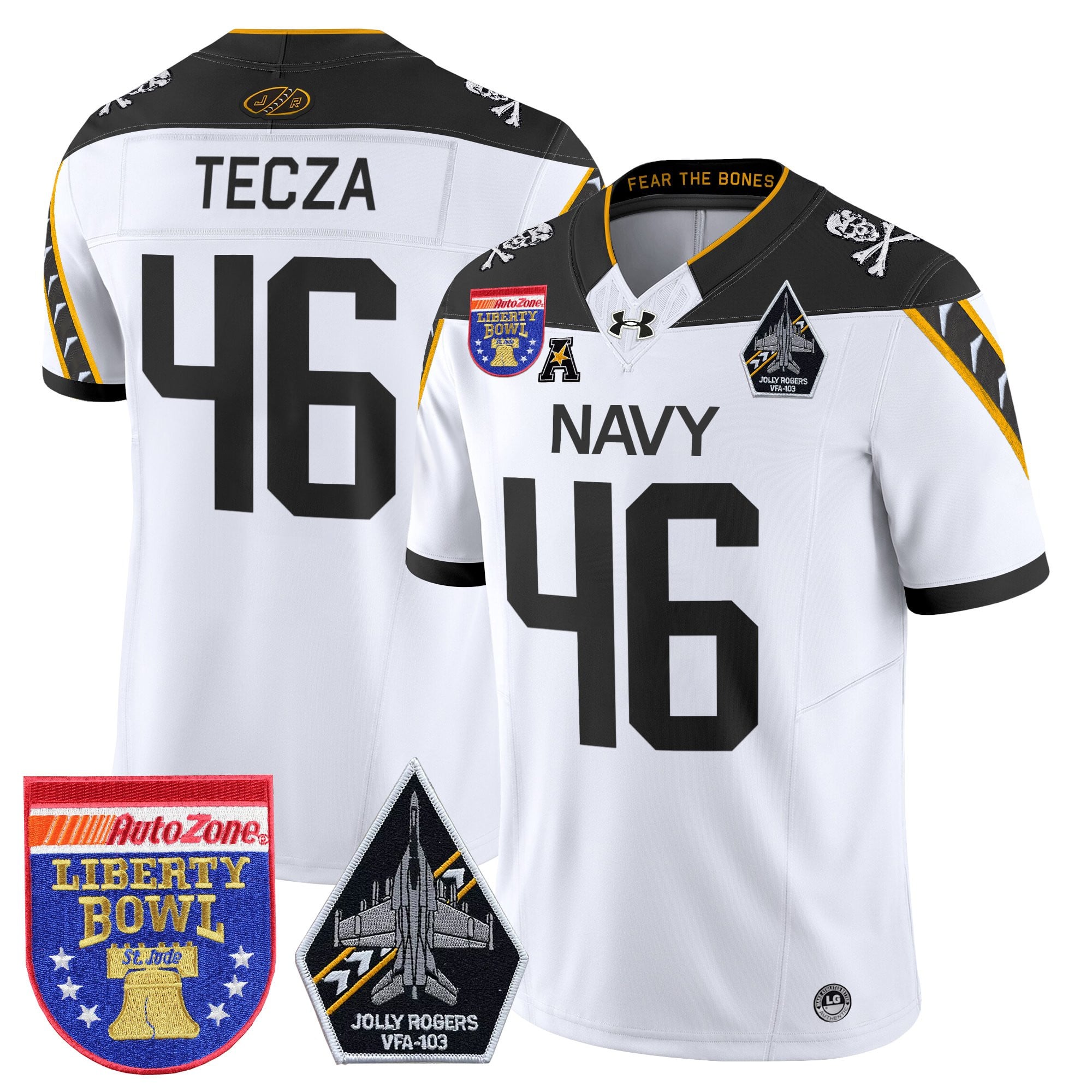 Men's Navy Midshipmen 'Jolly Rogers Edition' Vapor Limited Jersey - 2026 Liberty Bowl Patch - All Stitched