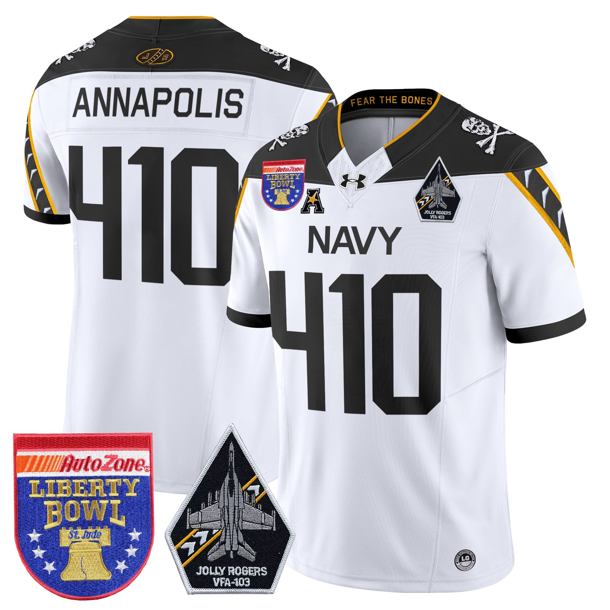 Men's Navy Midshipmen 'Jolly Rogers Edition' Vapor Limited Jersey - 2026 Liberty Bowl Patch - All Stitched