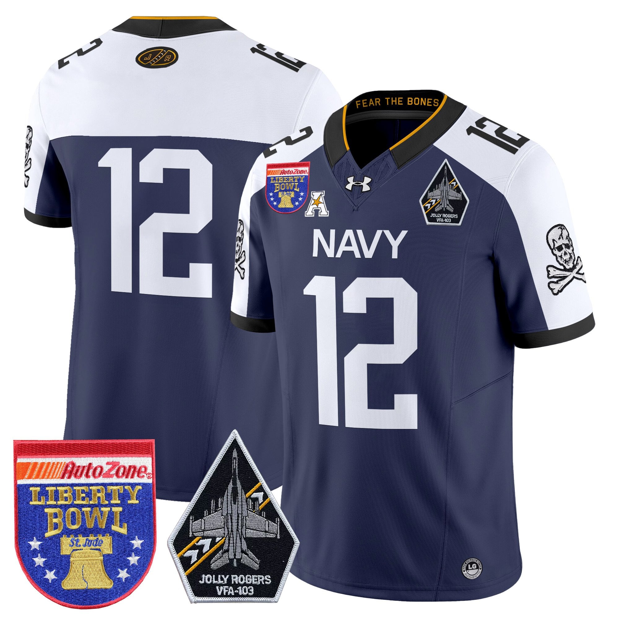 Men's Navy Midshipmen 'Jolly Rogers Edition' Vapor Limited Jersey - 2026 Liberty Bowl Patch - All Stitched