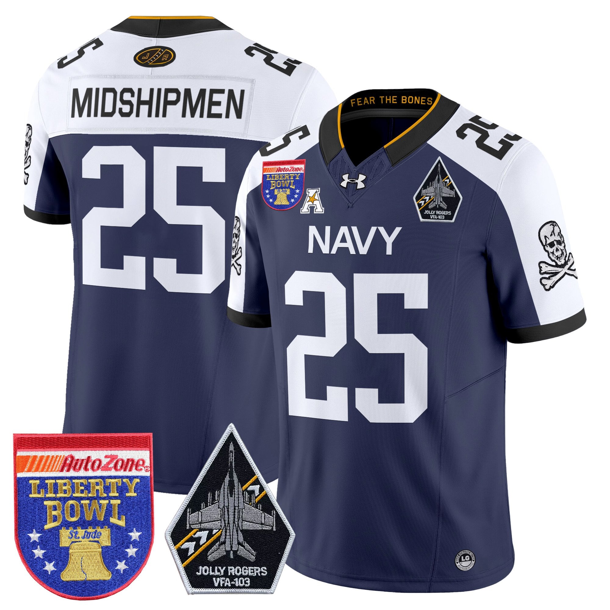 Men's Navy Midshipmen 'Jolly Rogers Edition' Vapor Limited Jersey - 2026 Liberty Bowl Patch - All Stitched