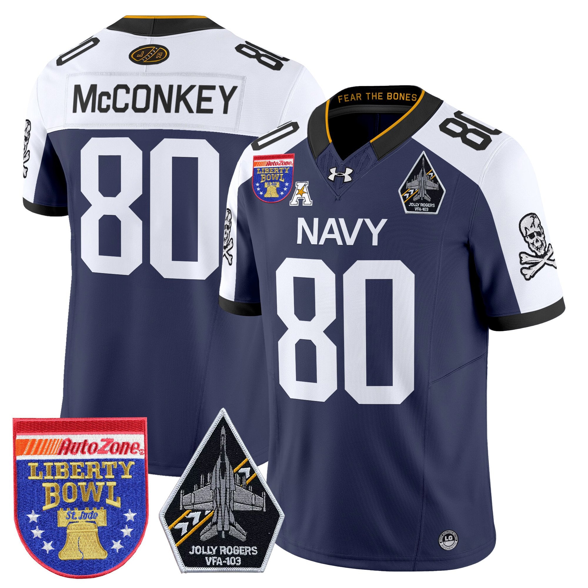 Men's Navy Midshipmen 'Jolly Rogers Edition' Vapor Limited Jersey - 2026 Liberty Bowl Patch - All Stitched