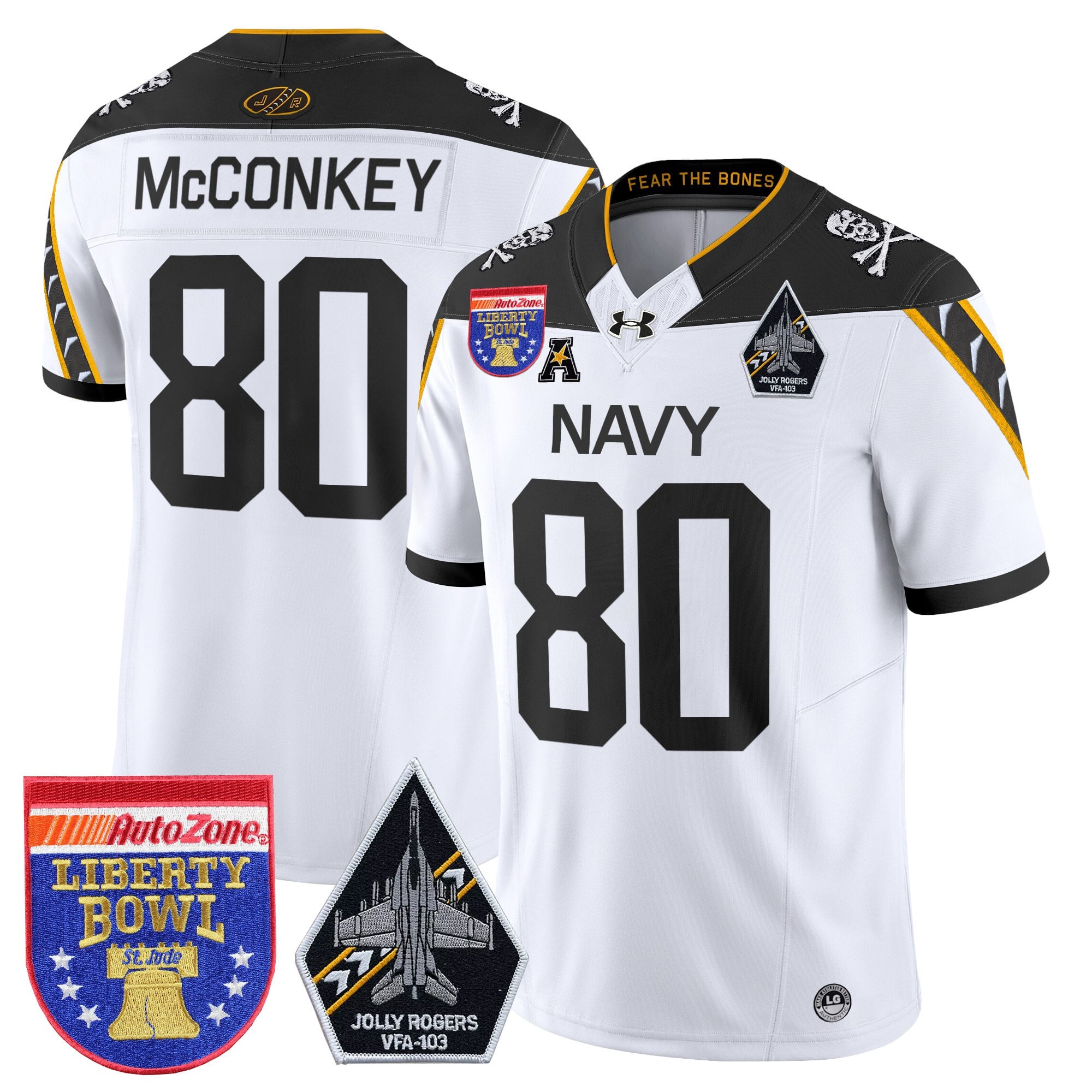 Men's Navy Midshipmen 'Jolly Rogers Edition' Vapor Limited Jersey - 2026 Liberty Bowl Patch - All Stitched