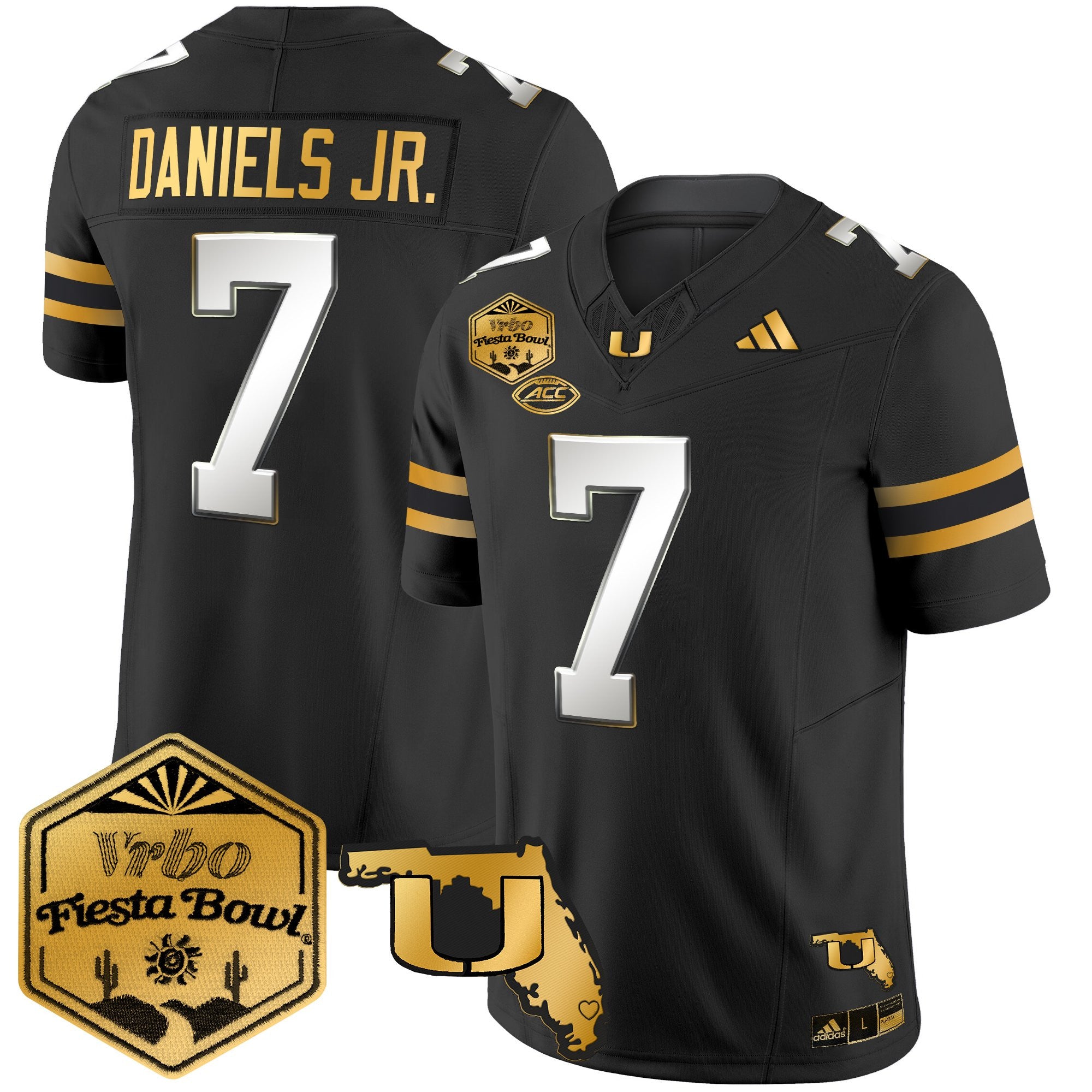 Men's Miami Hurricanes 2026 The Fiesta Bowl & Florida Patch Gold Vapor Limited Jersey - All Stitched