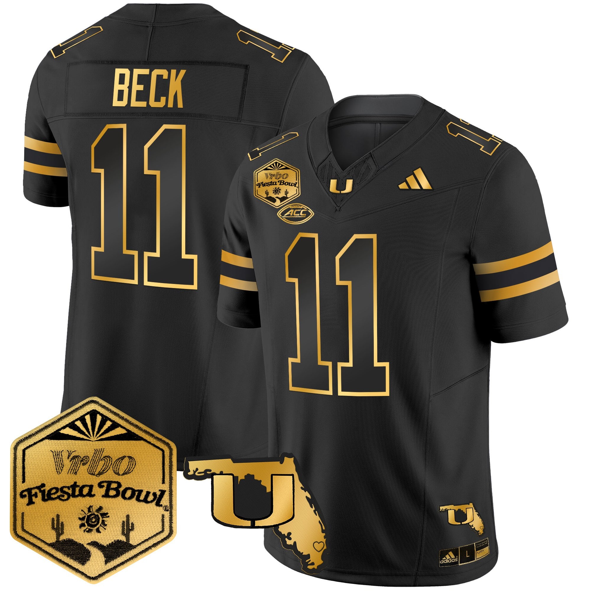 Men's Miami Hurricanes 2026 The Fiesta Bowl & Florida Patch Gold Vapor Limited Jersey - All Stitched