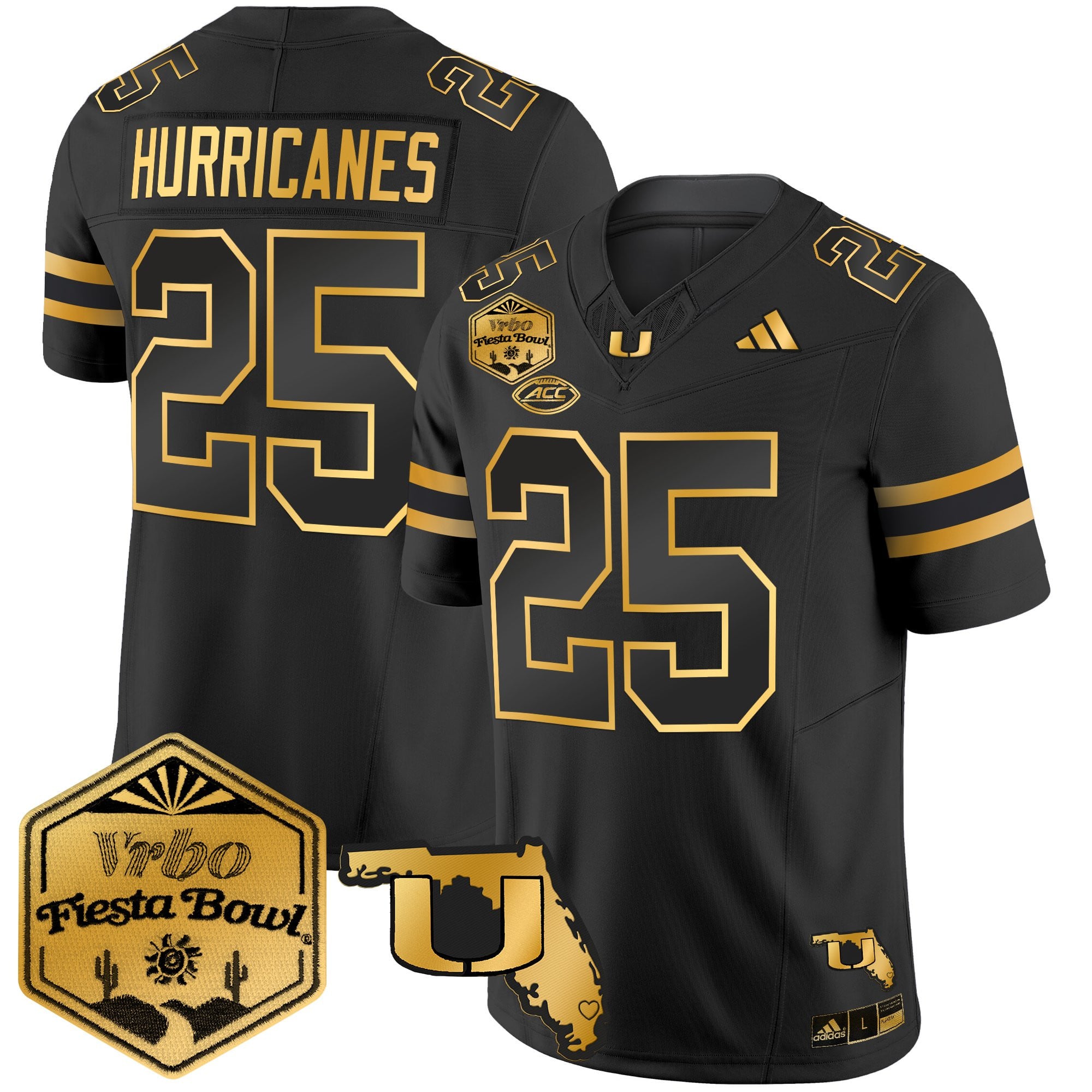 Men's Miami Hurricanes 2026 The Fiesta Bowl & Florida Patch Gold Vapor Limited Jersey - All Stitched