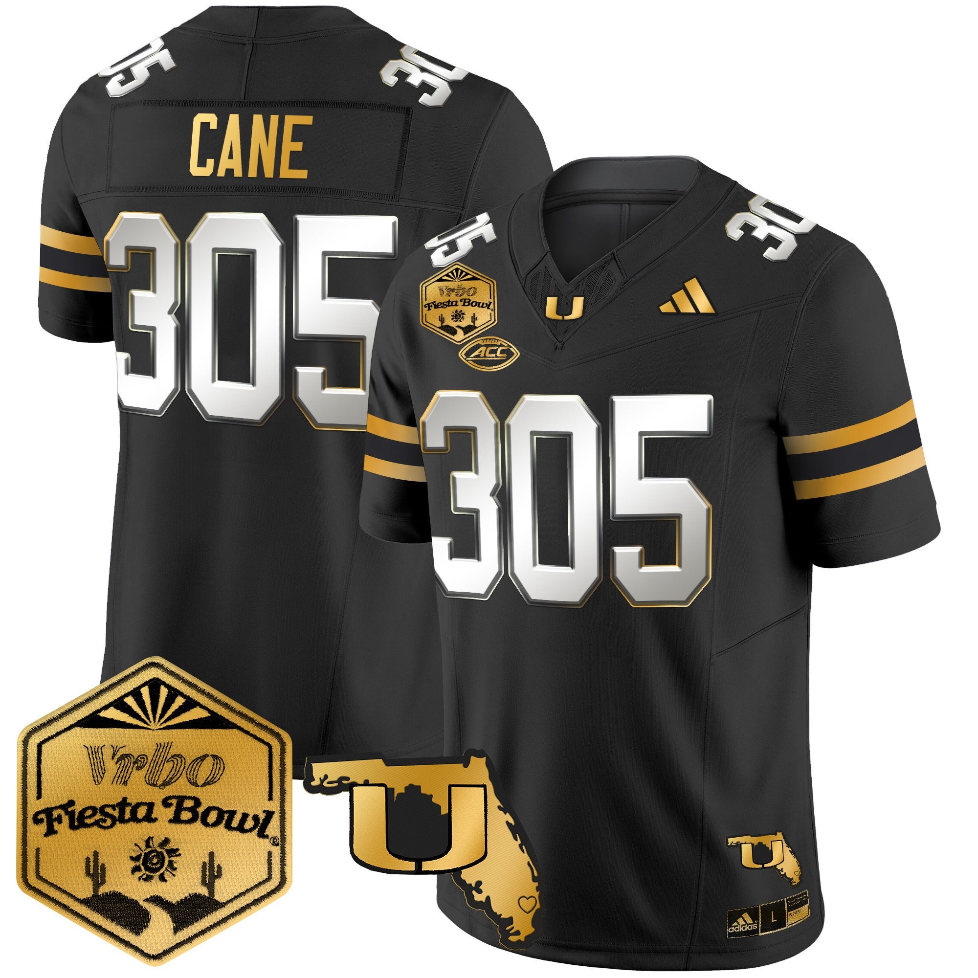 Men's Miami Hurricanes 2026 The Fiesta Bowl & Florida Patch Gold Vapor Limited Jersey - All Stitched