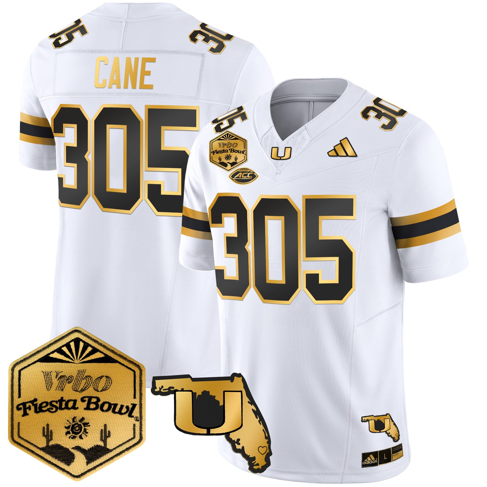 Men's Miami Hurricanes 2026 The Fiesta Bowl & Florida Patch Gold Vapor Limited Jersey - All Stitched
