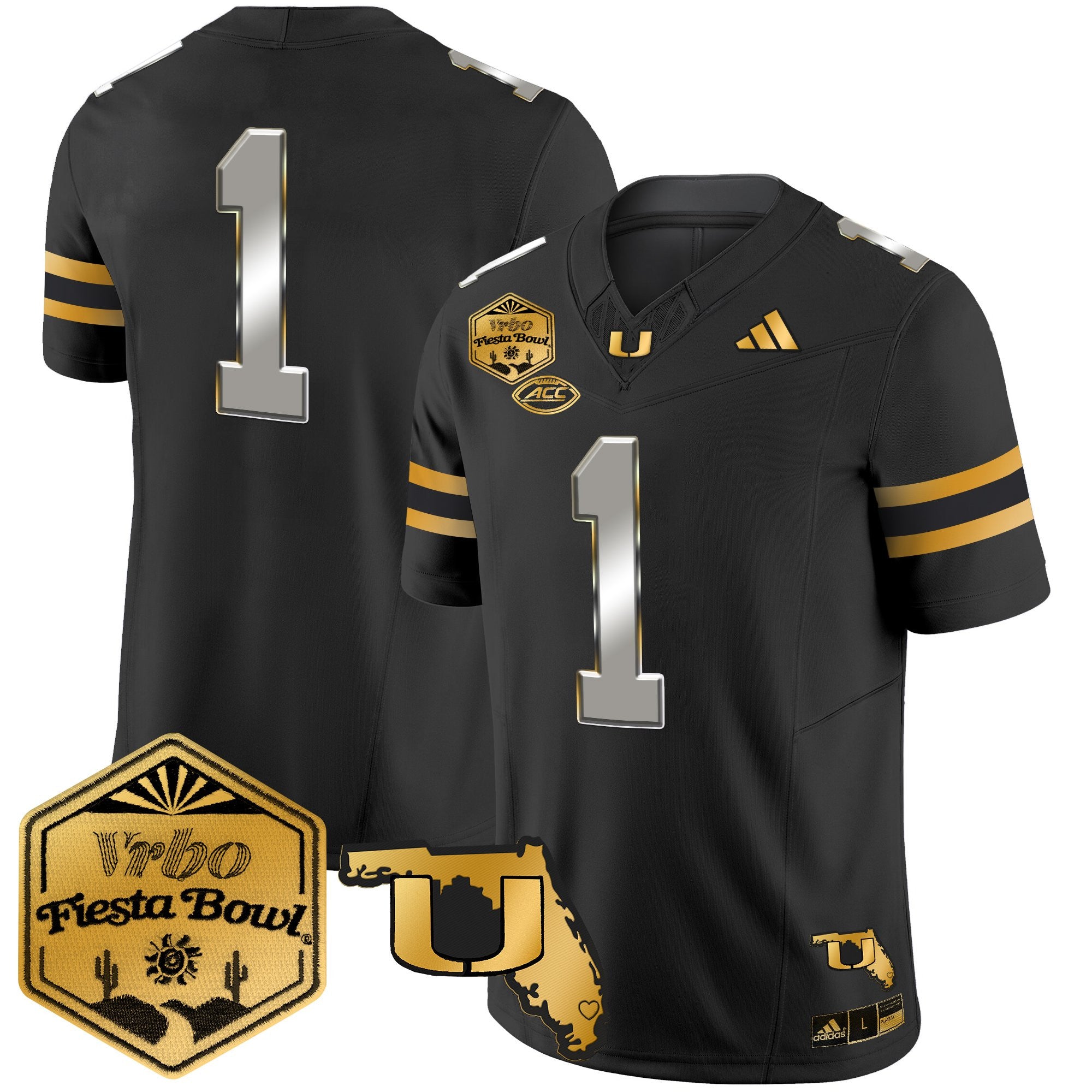 Men's Miami Hurricanes 2026 The Fiesta Bowl & Florida Patch Gold Vapor Limited Jersey - All Stitched