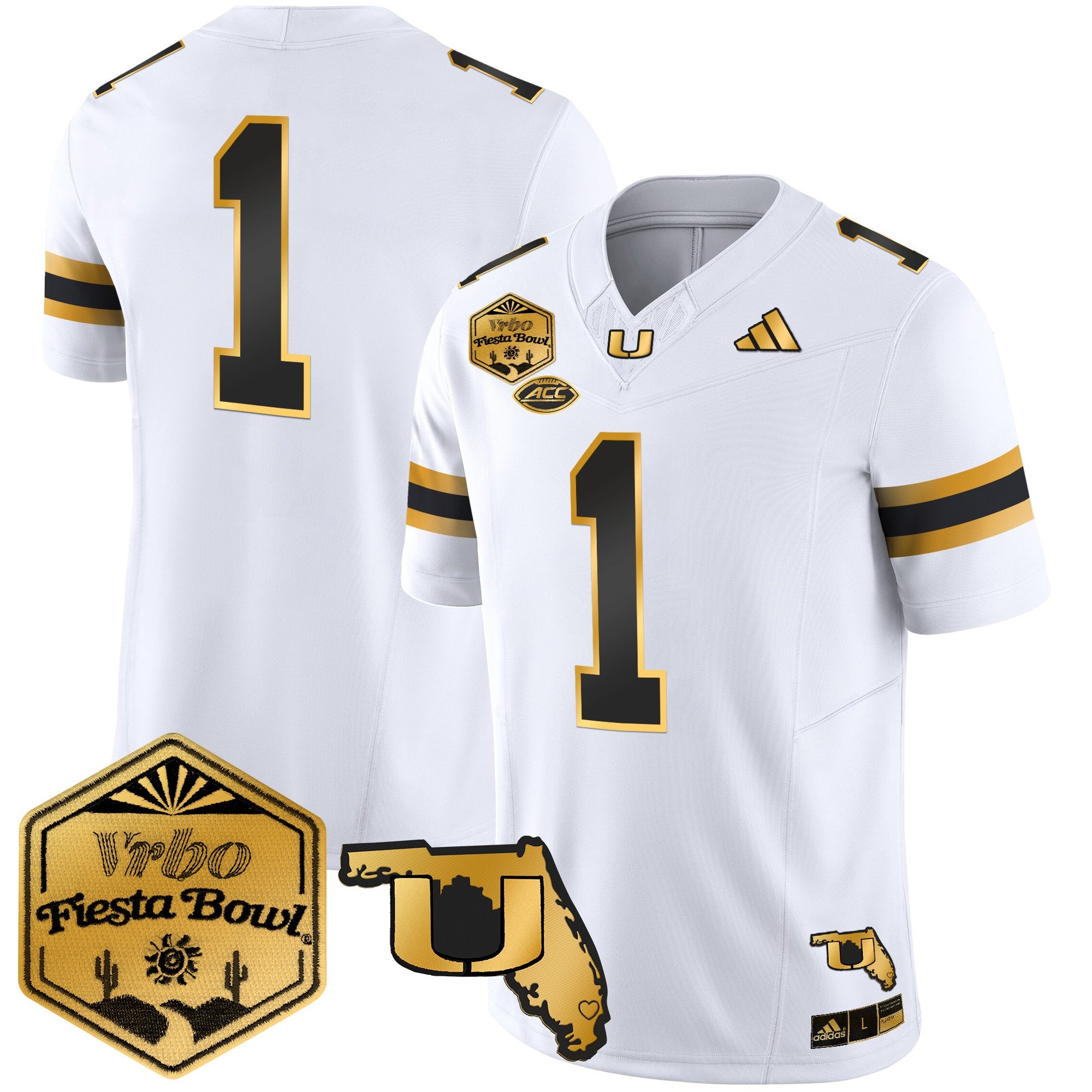 Men's Miami Hurricanes 2026 The Fiesta Bowl & Florida Patch Gold Vapor Limited Jersey - All Stitched