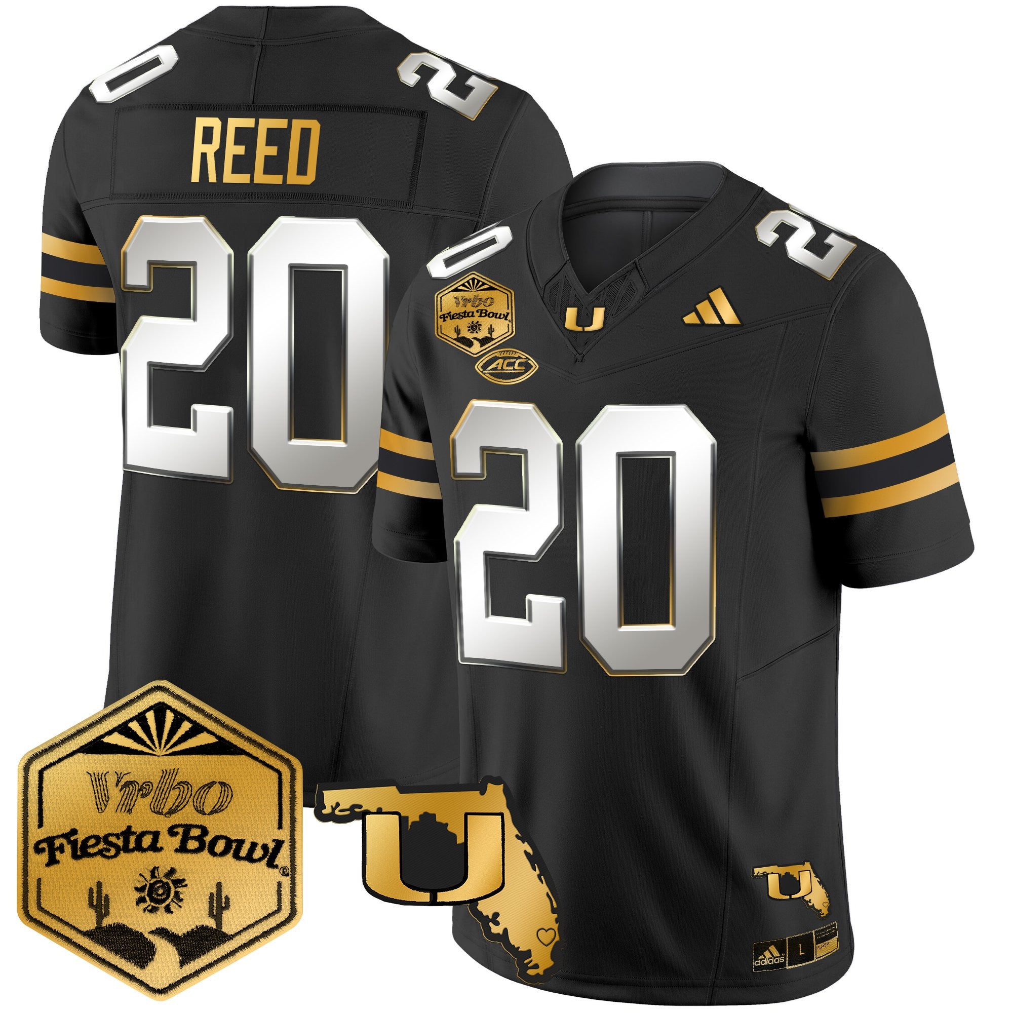 Men's Miami Hurricanes 2026 The Fiesta Bowl & Florida Patch Gold Vapor Limited Jersey - All Stitched