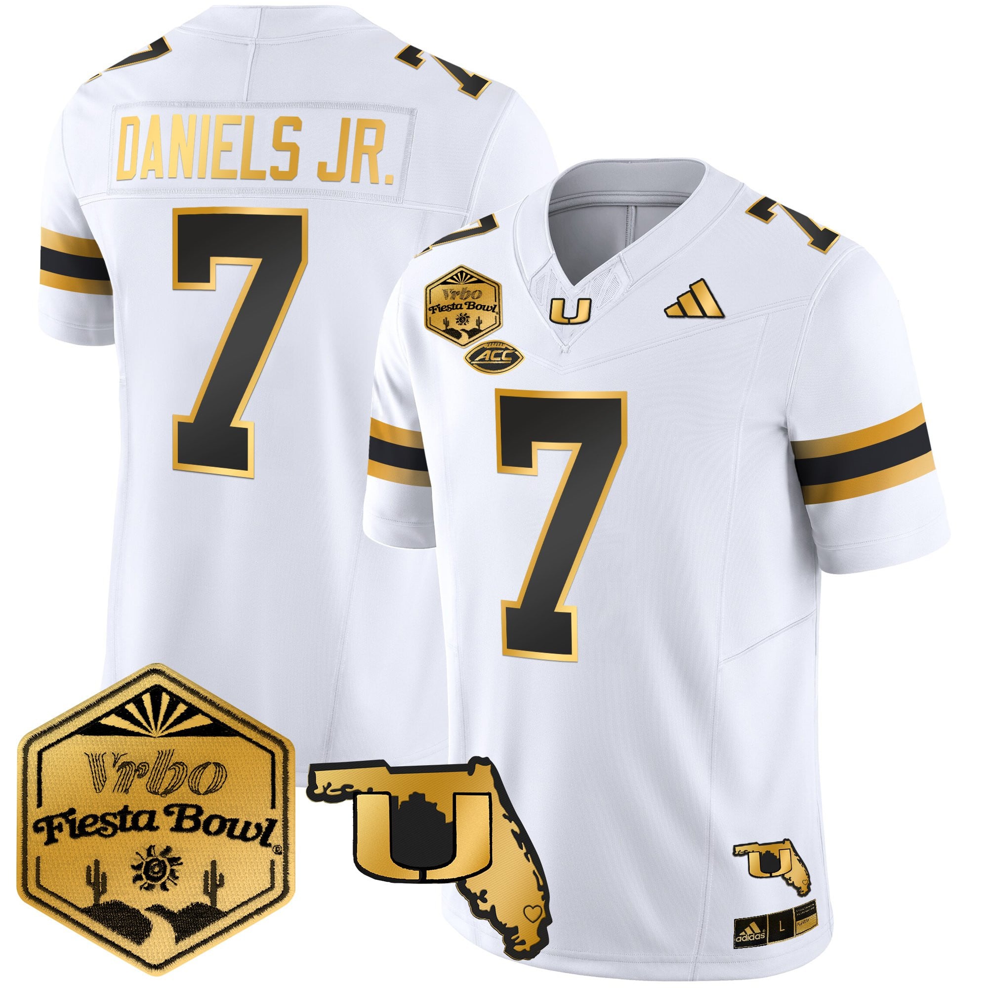 Men's Miami Hurricanes 2026 The Fiesta Bowl & Florida Patch Gold Vapor Limited Jersey - All Stitched