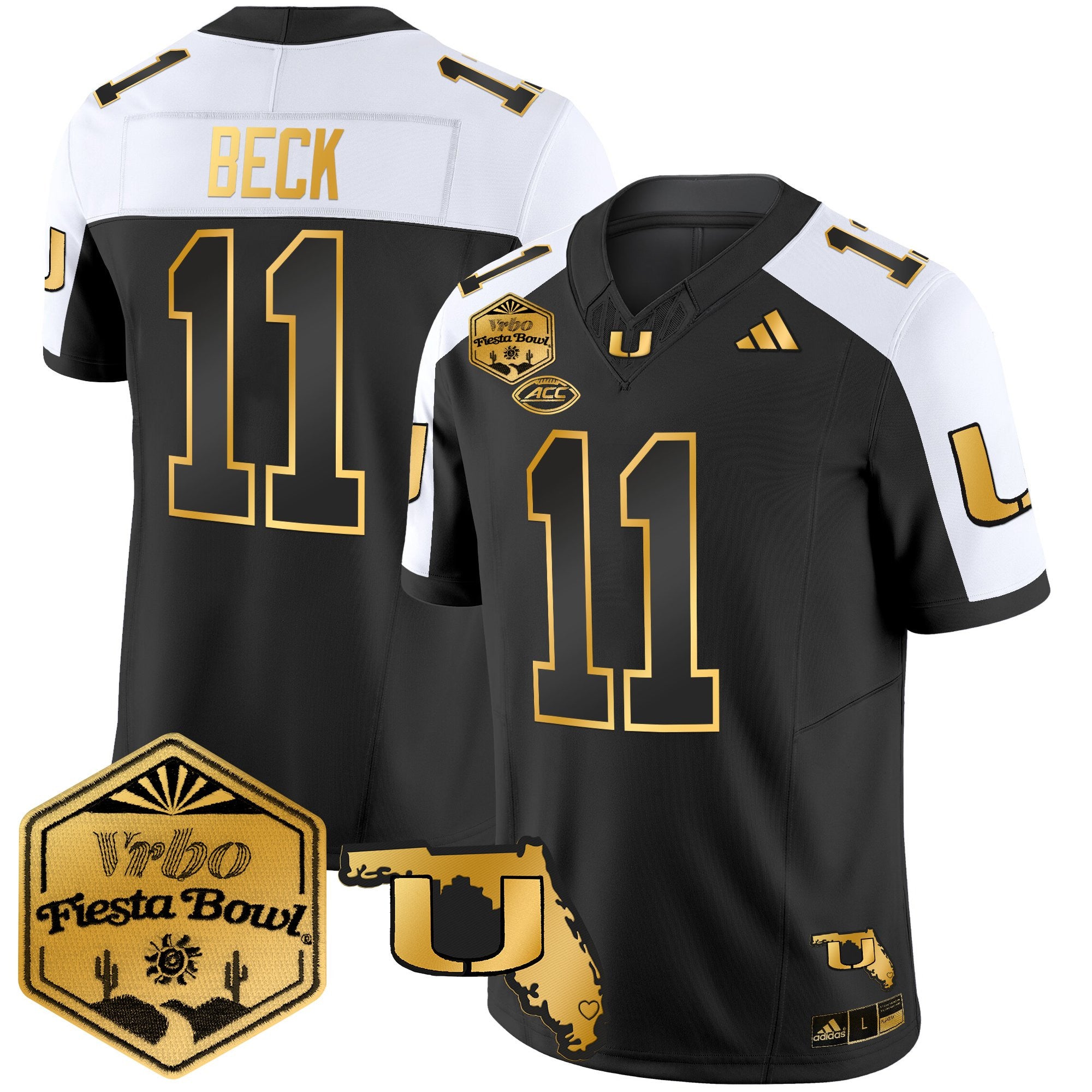 Men's Miami Hurricanes 2026 The Fiesta Bowl & Florida Patch Gold Vapor Limited Jersey - All Stitched
