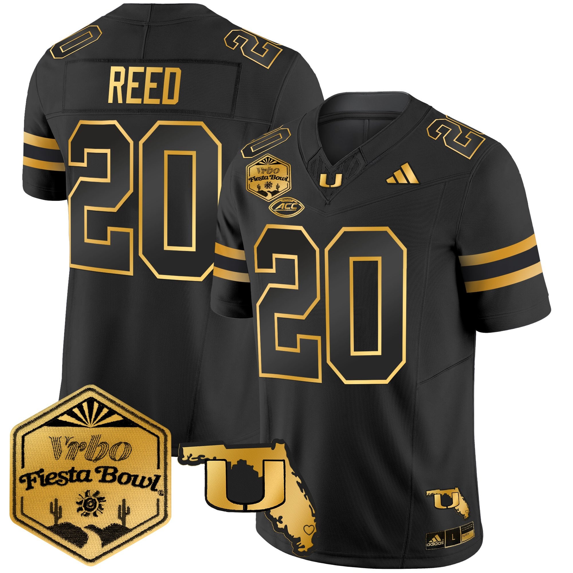 Men's Miami Hurricanes 2026 The Fiesta Bowl & Florida Patch Gold Vapor Limited Jersey - All Stitched