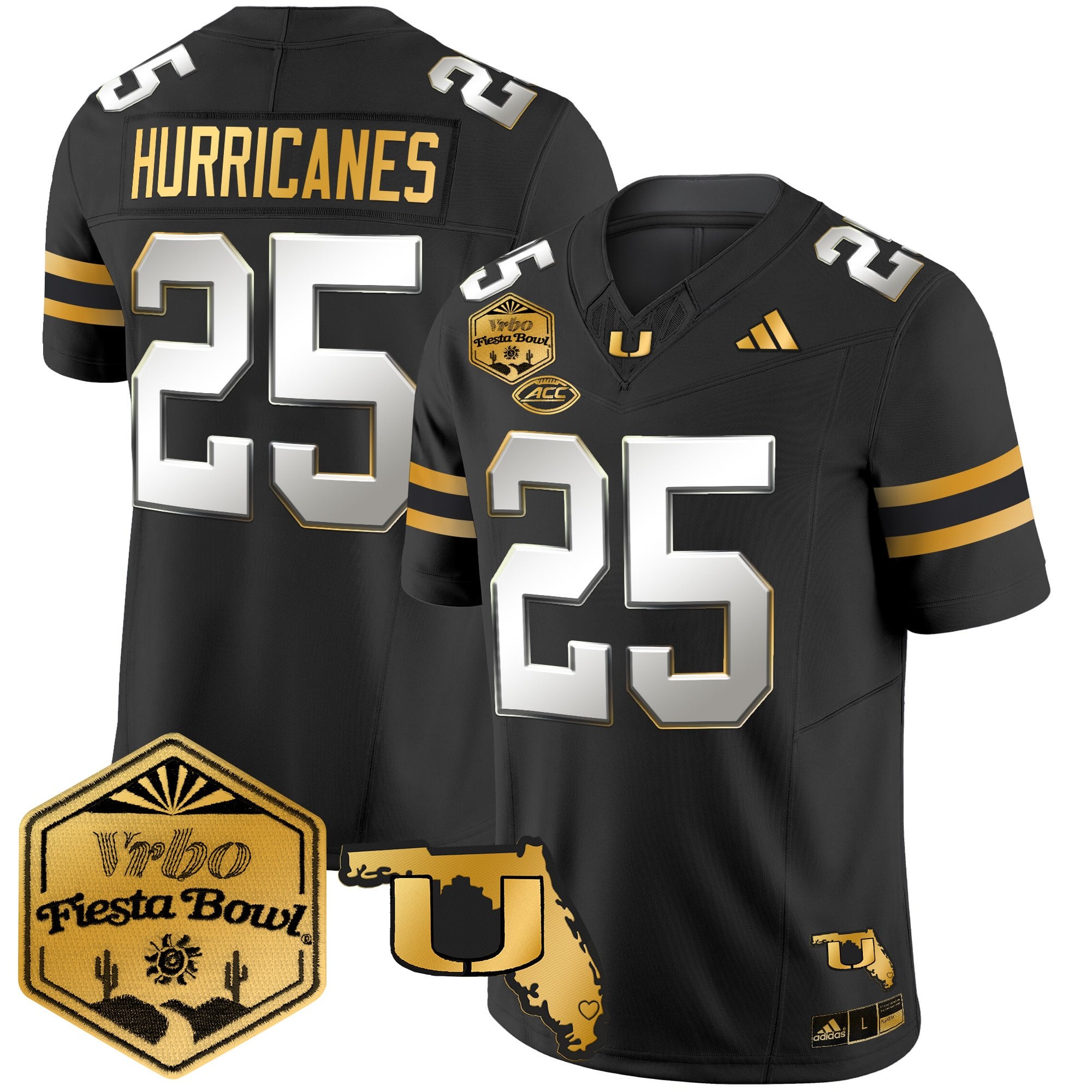 Men's Miami Hurricanes 2026 The Fiesta Bowl & Florida Patch Gold Vapor Limited Jersey - All Stitched
