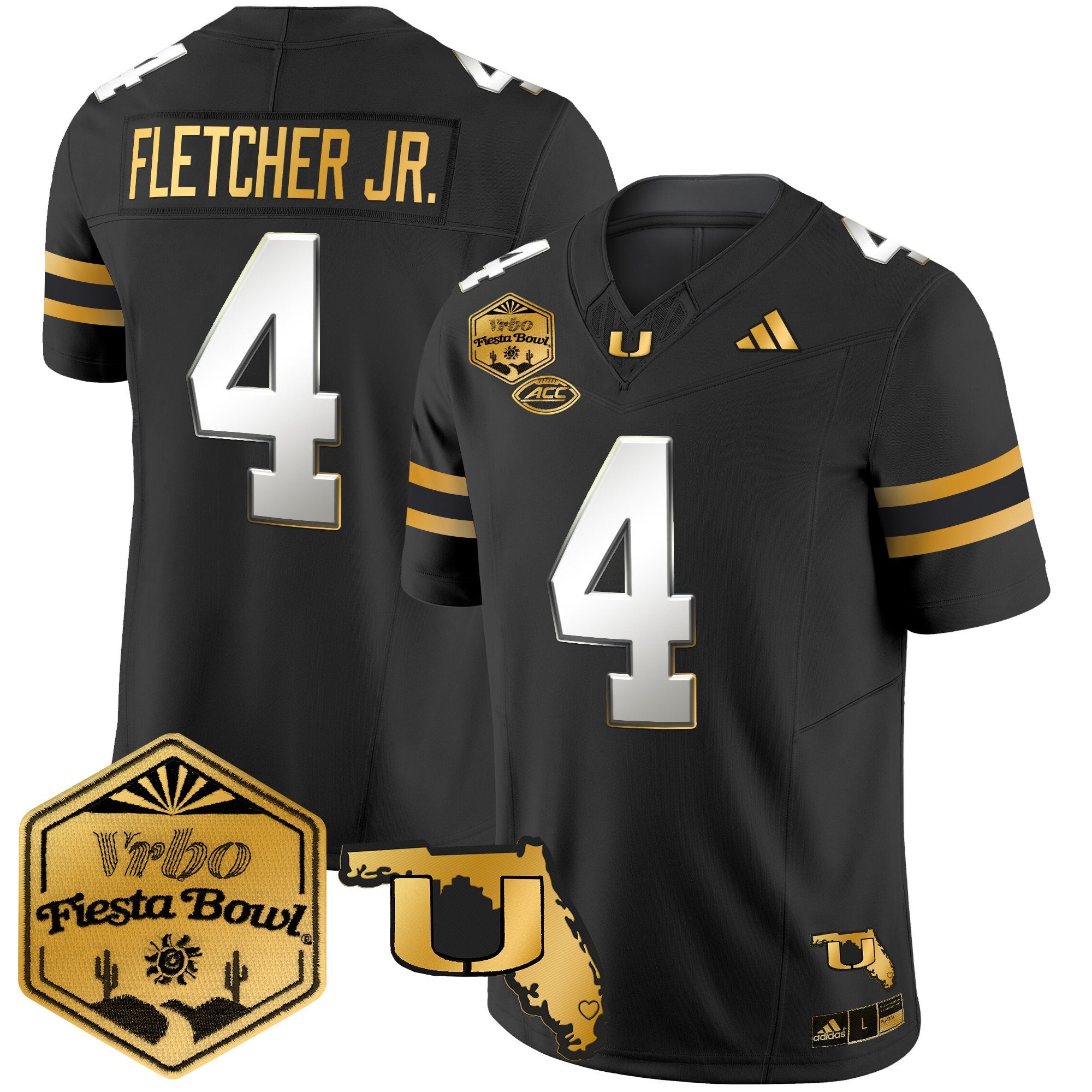 Men's Miami Hurricanes 2026 The Fiesta Bowl & Florida Patch Gold Vapor Limited Jersey - All Stitched