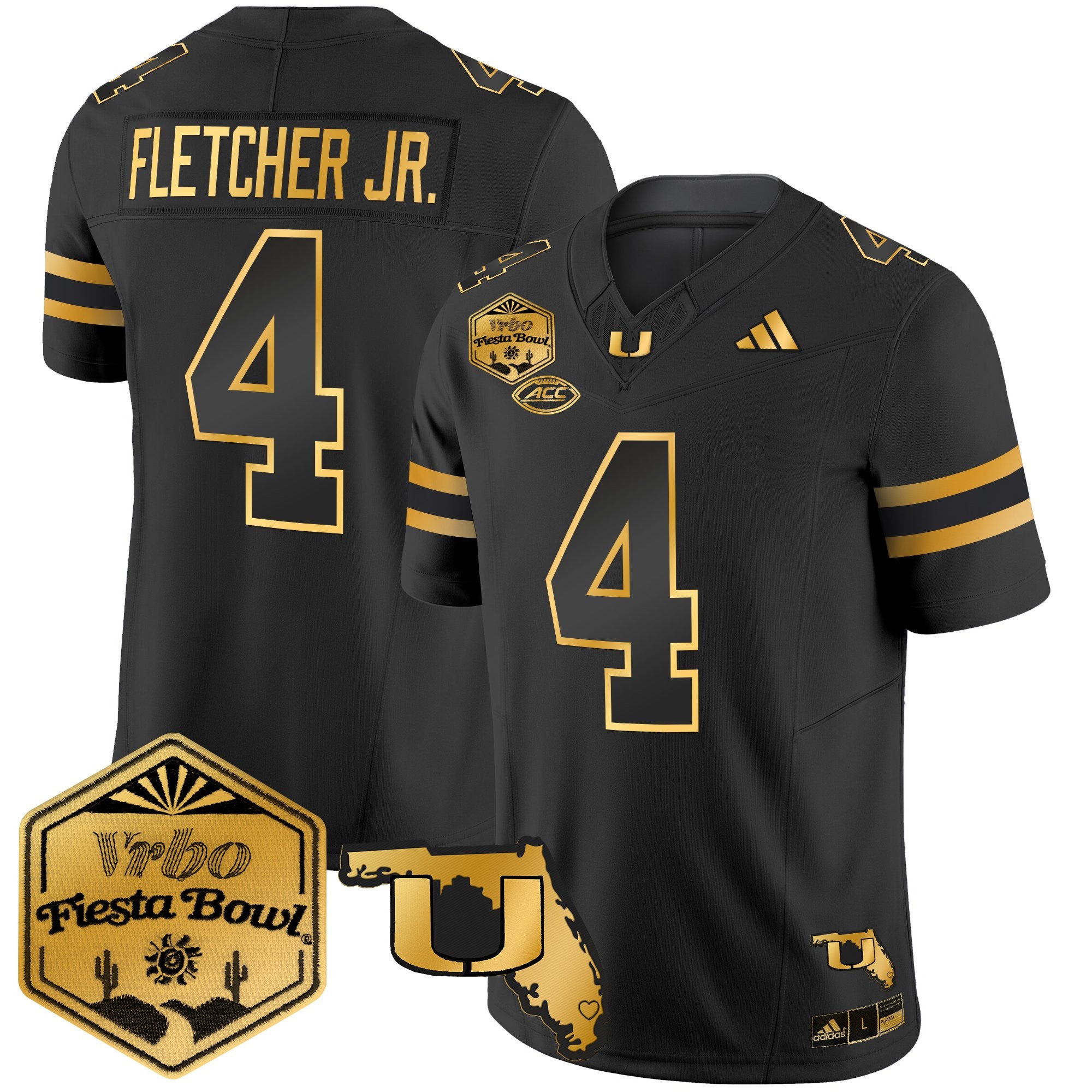Men's Miami Hurricanes 2026 The Fiesta Bowl & Florida Patch Gold Vapor Limited Jersey - All Stitched