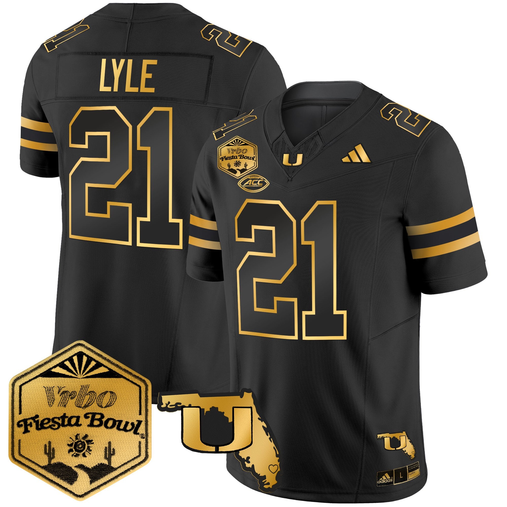 Men's Miami Hurricanes 2026 The Fiesta Bowl & Florida Patch Gold Vapor Limited Jersey - All Stitched