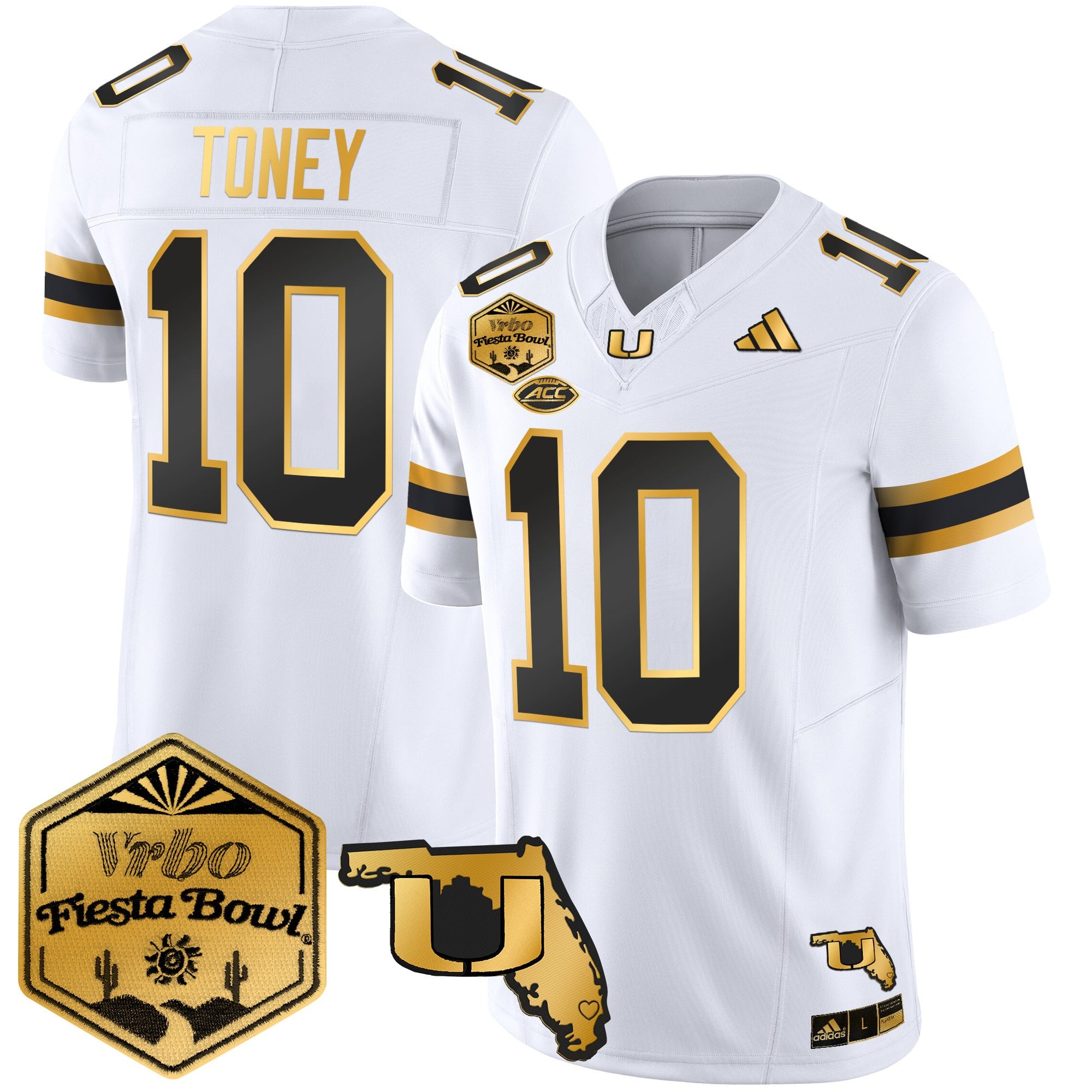 Men's Miami Hurricanes 2026 The Fiesta Bowl & Florida Patch Gold Vapor Limited Jersey - All Stitched