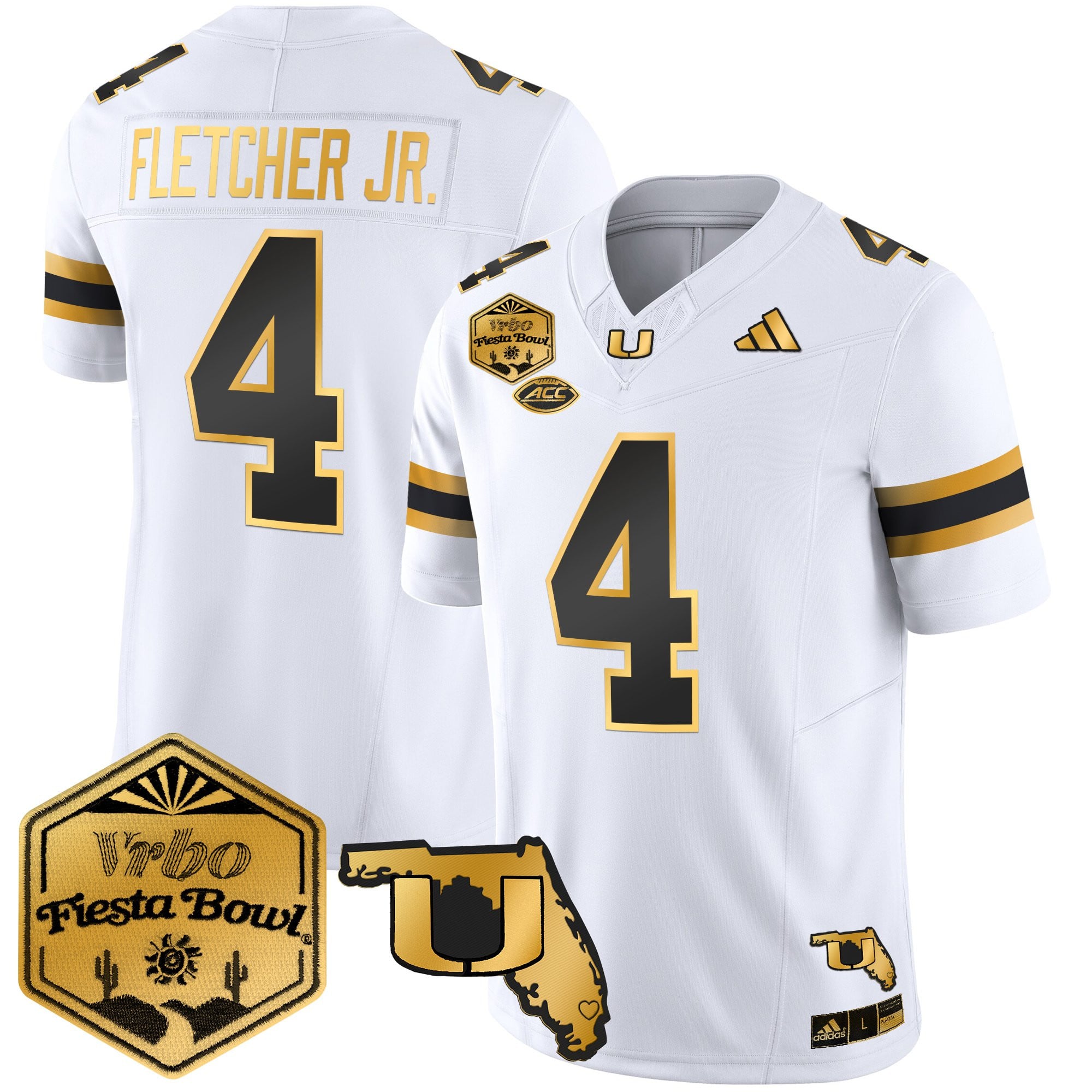 Men's Miami Hurricanes 2026 The Fiesta Bowl & Florida Patch Gold Vapor Limited Jersey - All Stitched