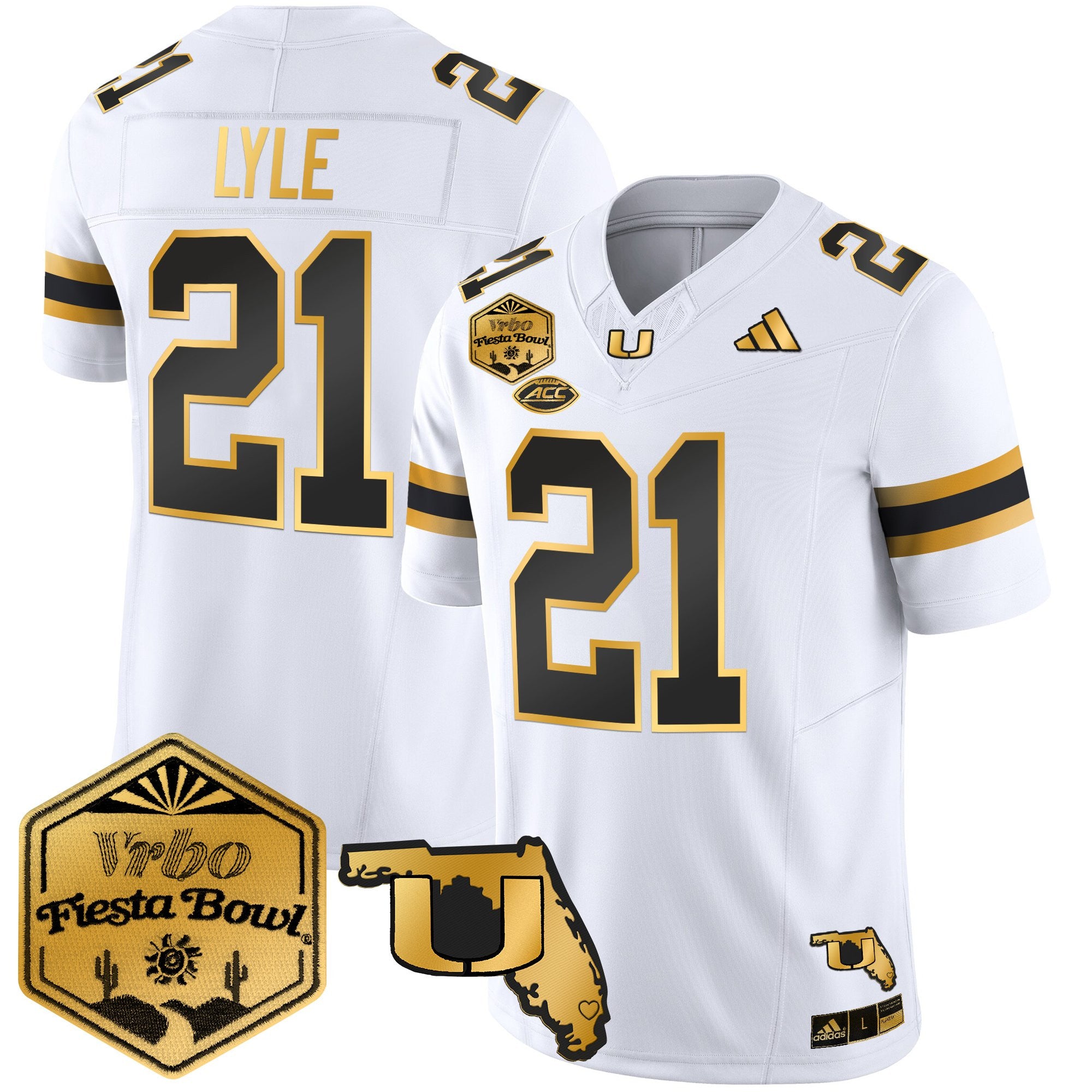 Men's Miami Hurricanes 2026 The Fiesta Bowl & Florida Patch Gold Vapor Limited Jersey - All Stitched
