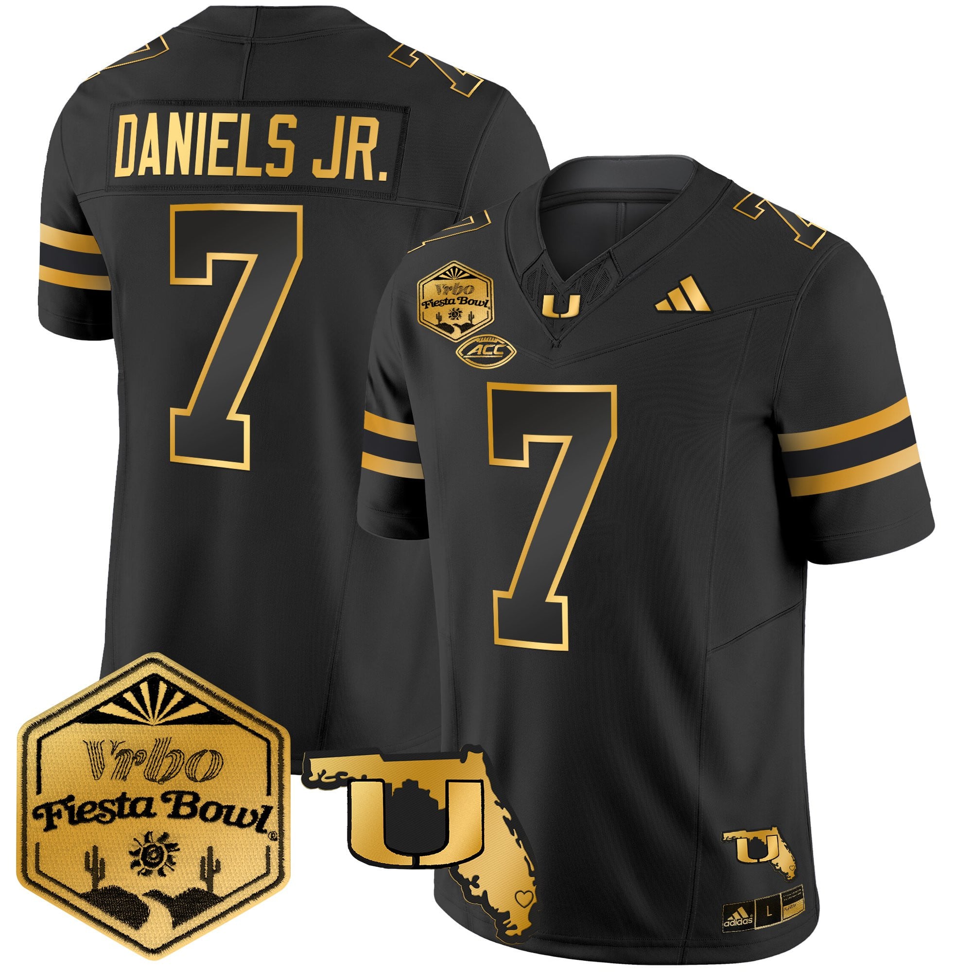 Men's Miami Hurricanes 2026 The Fiesta Bowl & Florida Patch Gold Vapor Limited Jersey - All Stitched