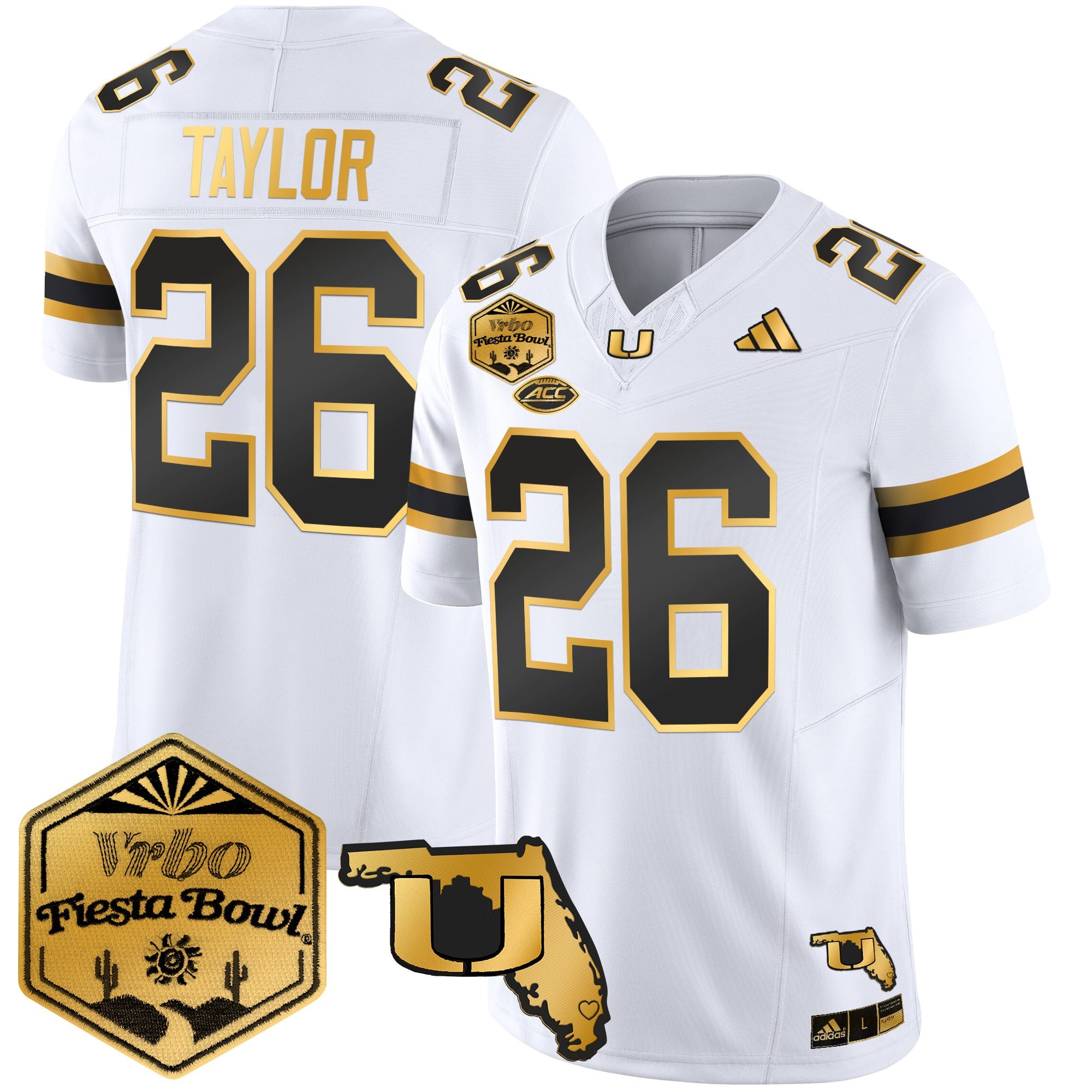Men's Miami Hurricanes 2026 The Fiesta Bowl & Florida Patch Gold Vapor Limited Jersey - All Stitched