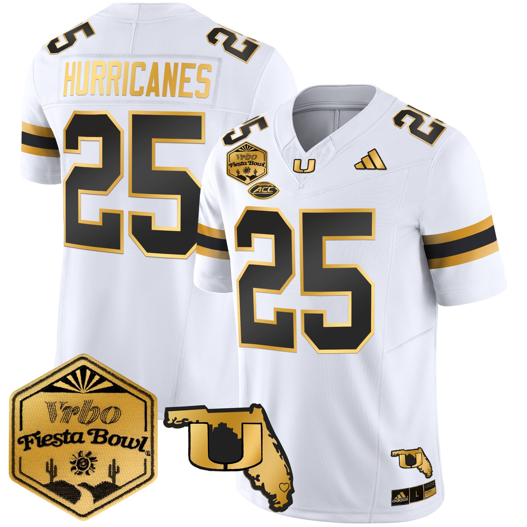 Men's Miami Hurricanes 2026 The Fiesta Bowl & Florida Patch Gold Vapor Limited Jersey - All Stitched
