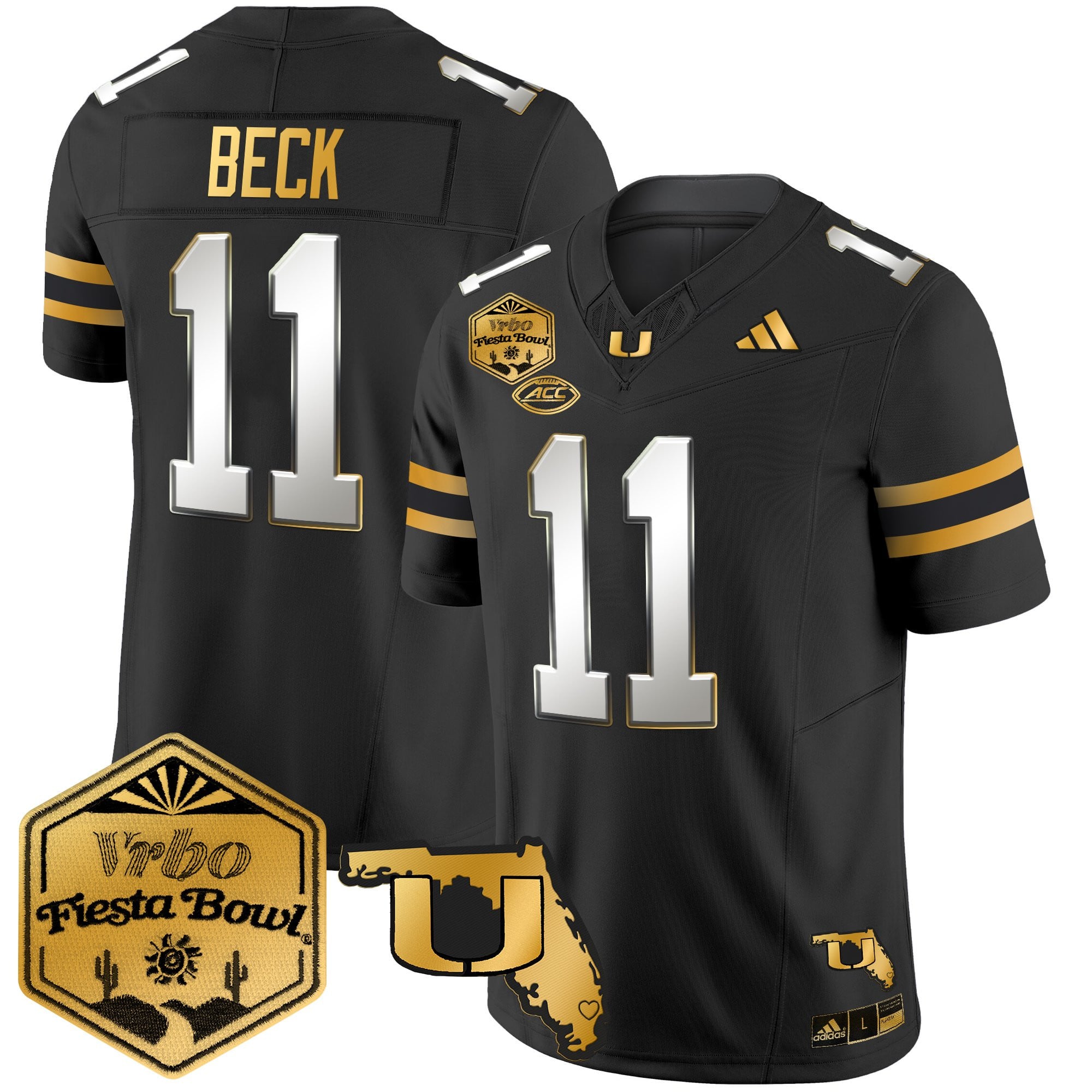 Men's Miami Hurricanes 2026 The Fiesta Bowl & Florida Patch Gold Vapor Limited Jersey - All Stitched