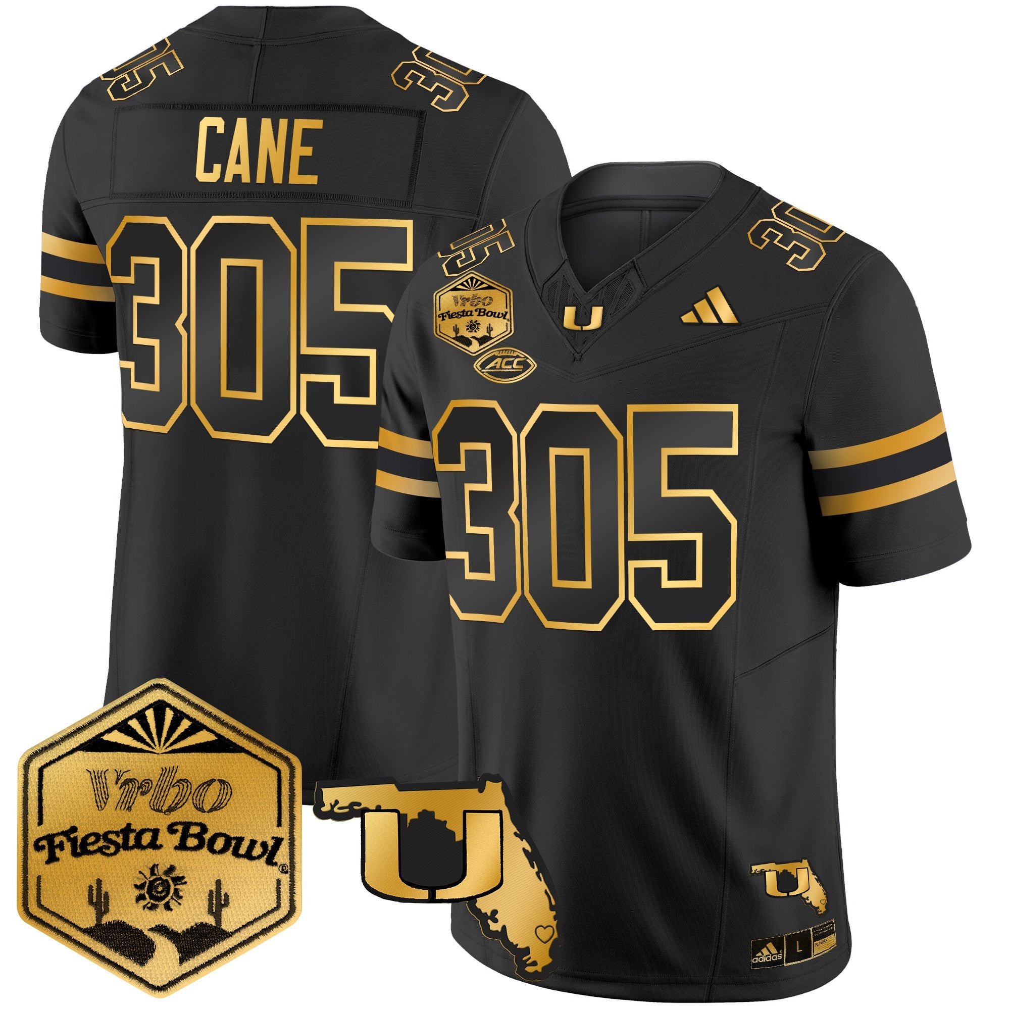 Men's Miami Hurricanes 2026 The Fiesta Bowl & Florida Patch Gold Vapor Limited Jersey - All Stitched