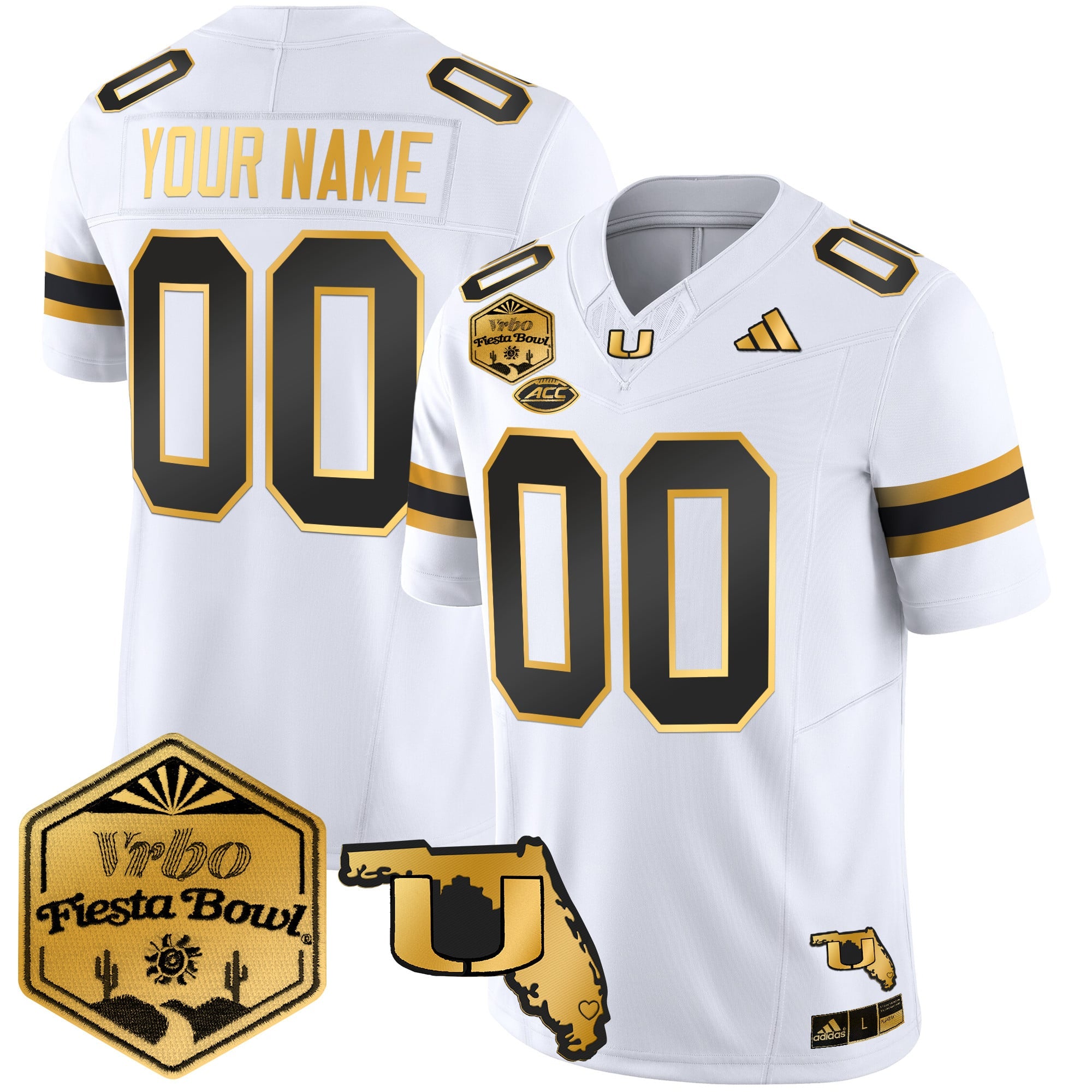 Miami Hurricanes 2026 The Fiesta Bowl & Florida Patch Gold Vapor Limited Custom Jersey - All Stitched