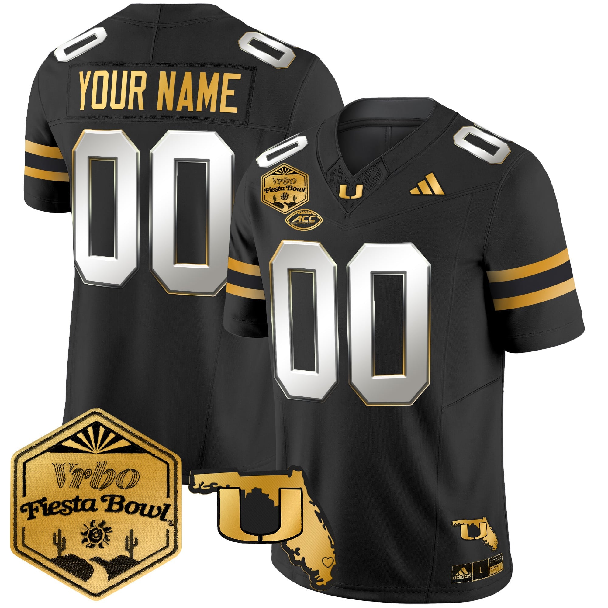 Miami Hurricanes 2026 The Fiesta Bowl & Florida Patch Gold Vapor Limited Custom Jersey - All Stitched