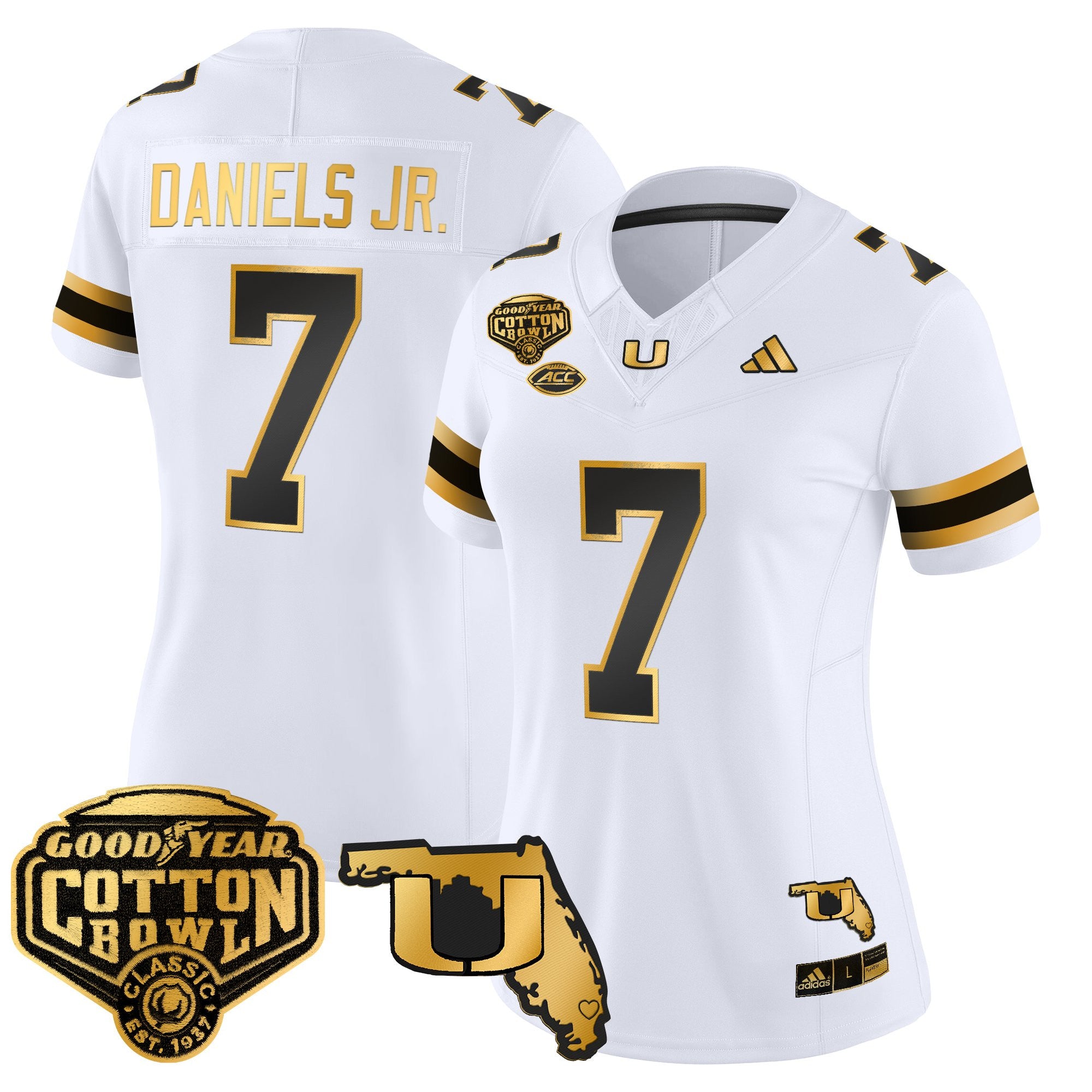 Women's Miami Hurricanes 2025/26 Cotton Bowl & Florida Patch Gold Vapor Limited Jersey - All Stitched