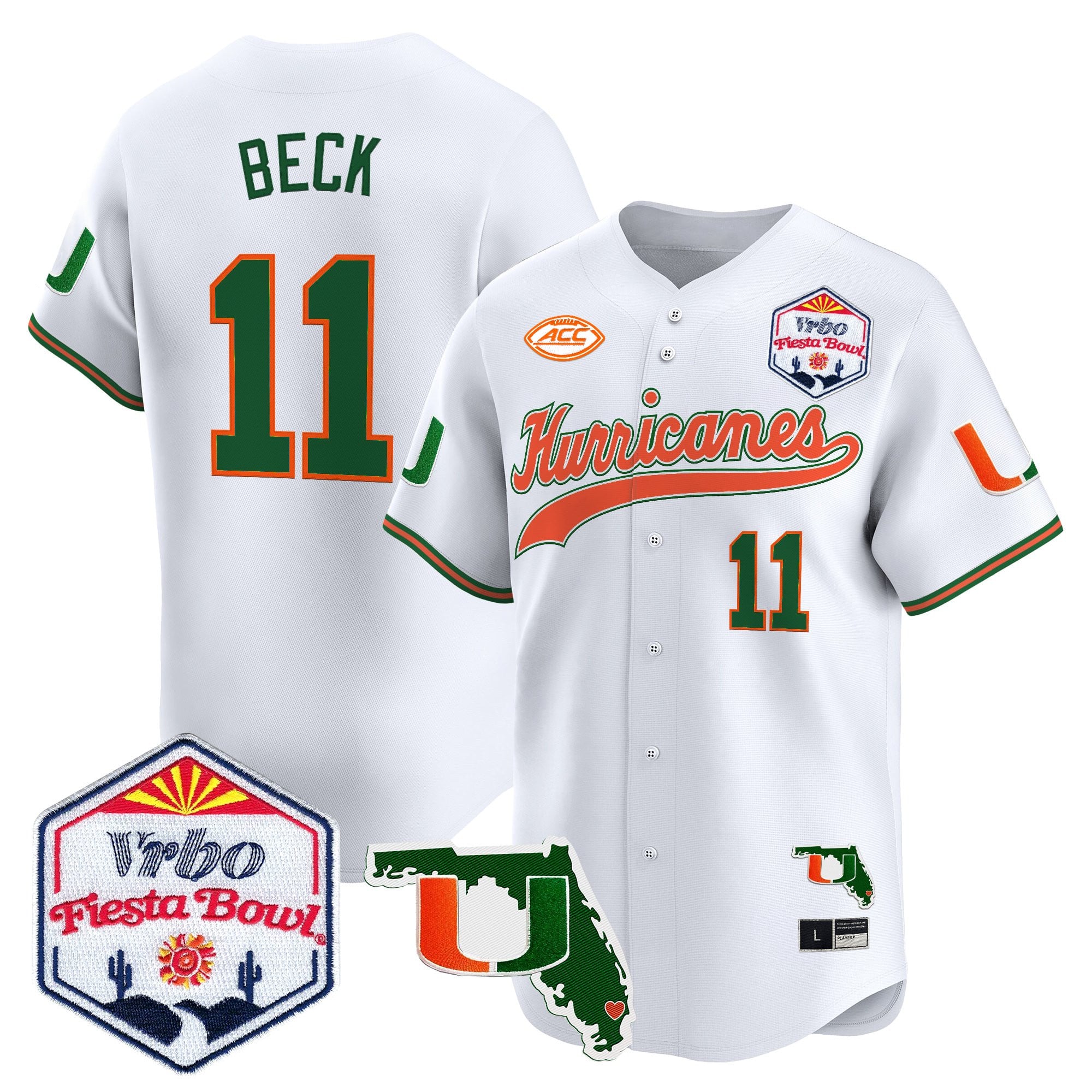 Men's Miami Hurricanes 2026 The Fiesta Bowl & Florida Patch Vapor Baseball Jersey - All Stitched