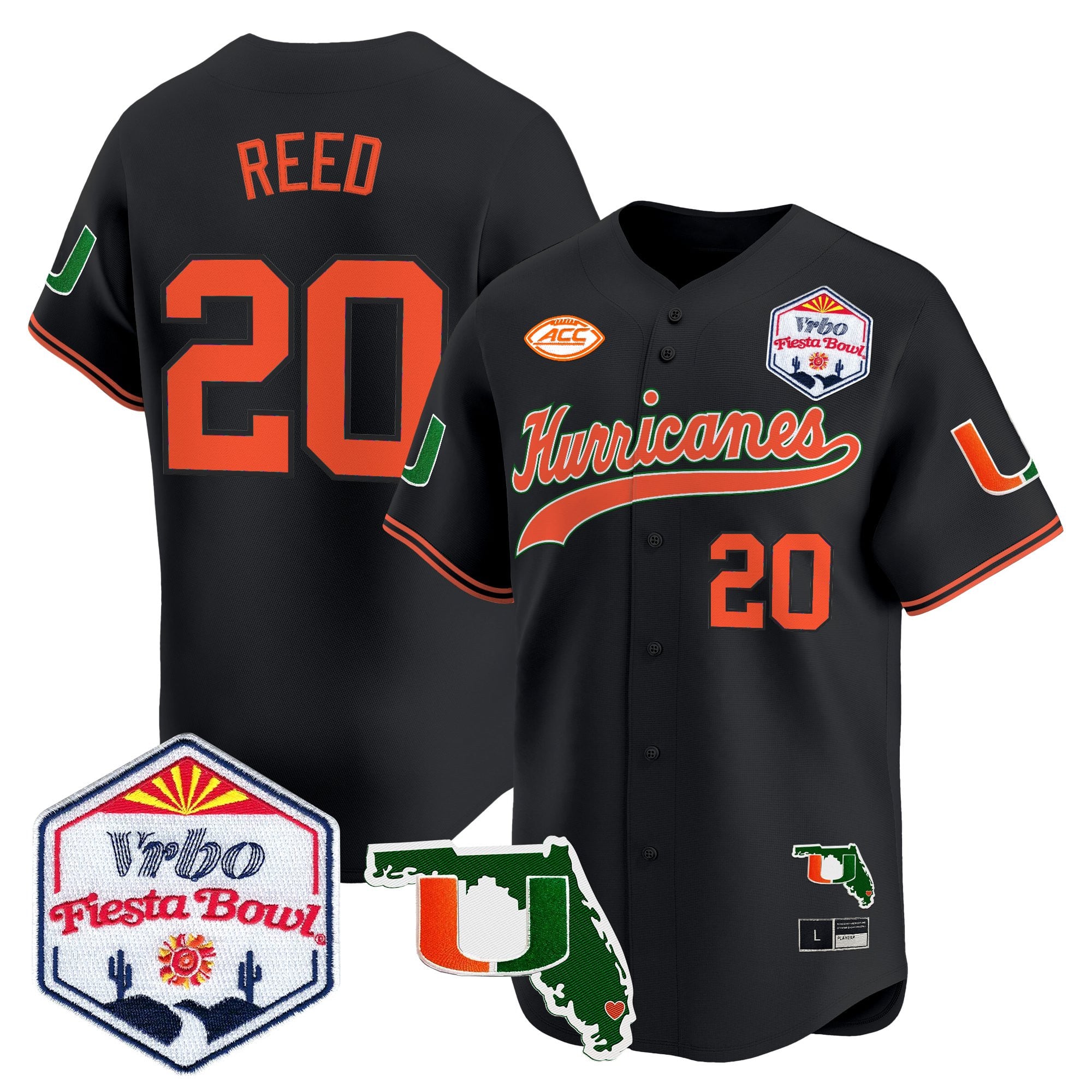 Men's Miami Hurricanes 2026 The Fiesta Bowl & Florida Patch Vapor Baseball Jersey - All Stitched