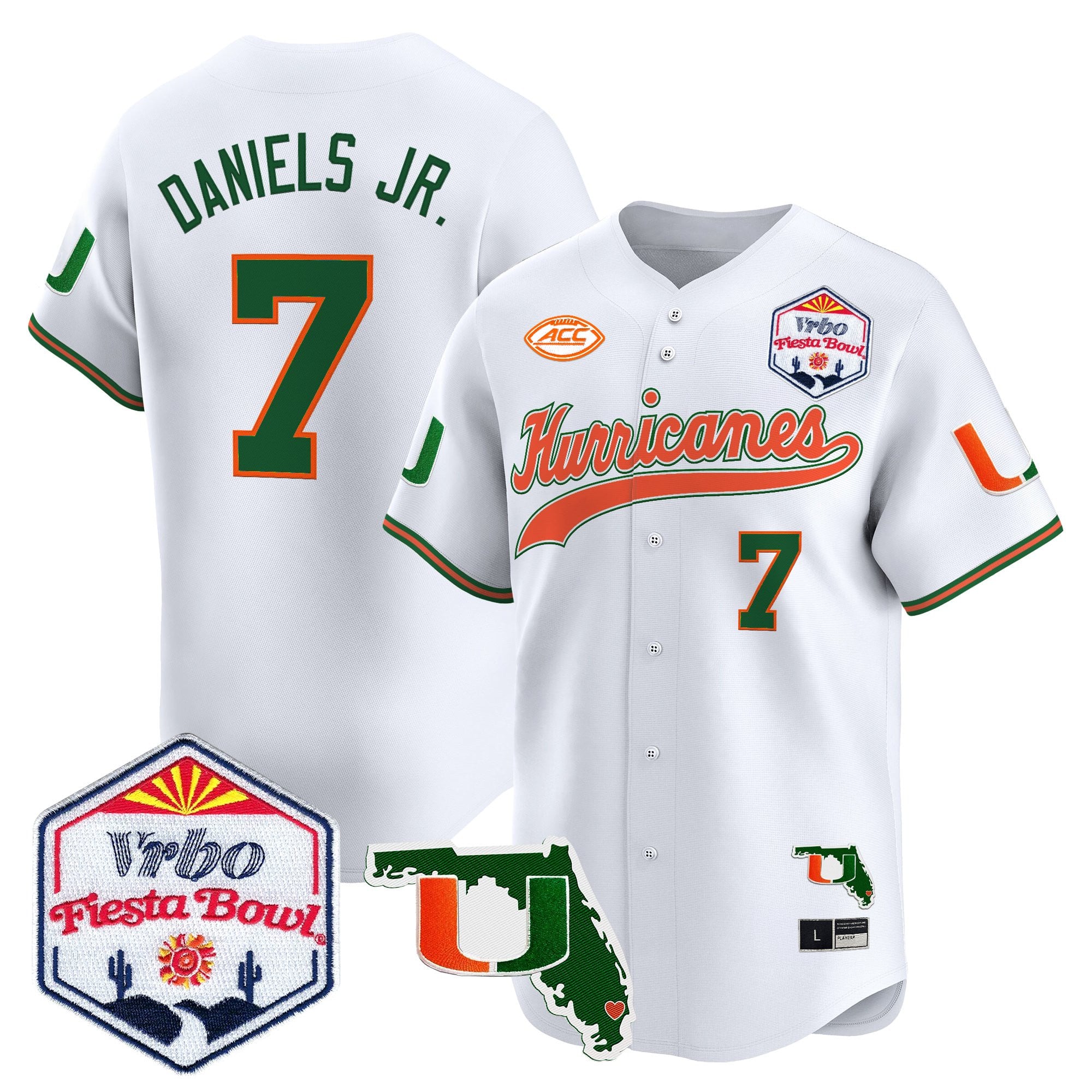 Men's Miami Hurricanes 2026 The Fiesta Bowl & Florida Patch Vapor Baseball Jersey - All Stitched