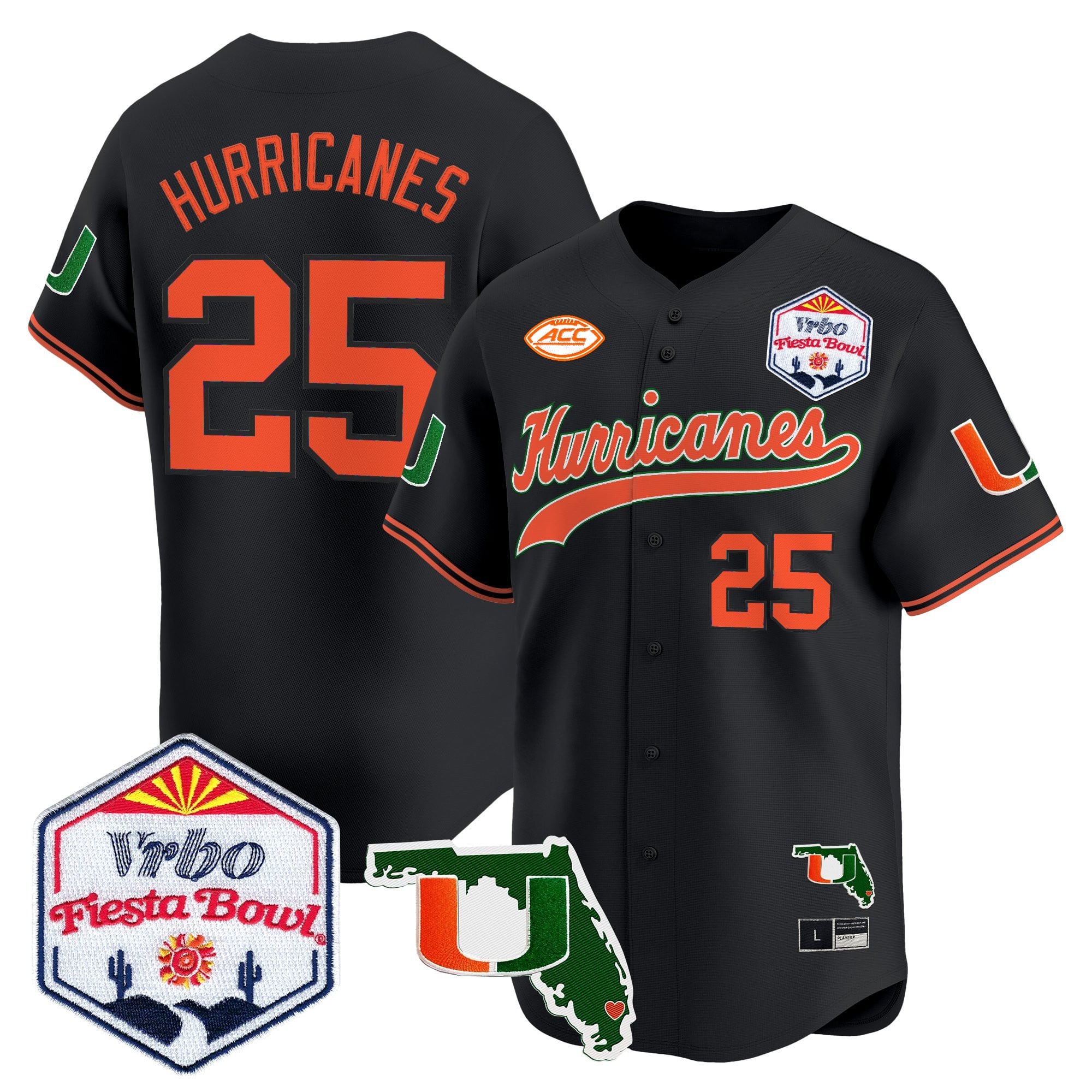 Men's Miami Hurricanes 2026 The Fiesta Bowl & Florida Patch Vapor Baseball Jersey - All Stitched