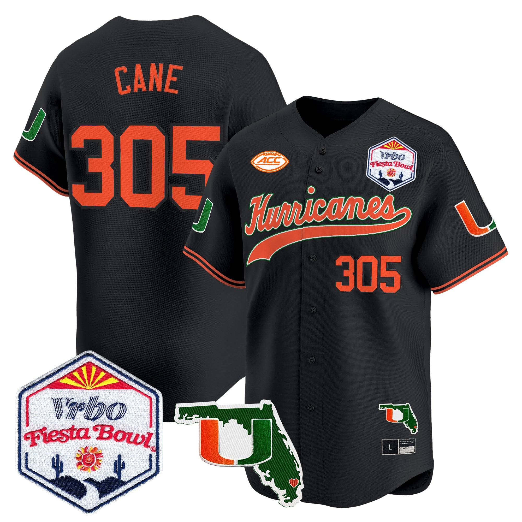 Men's Miami Hurricanes 2026 The Fiesta Bowl & Florida Patch Vapor Baseball Jersey - All Stitched