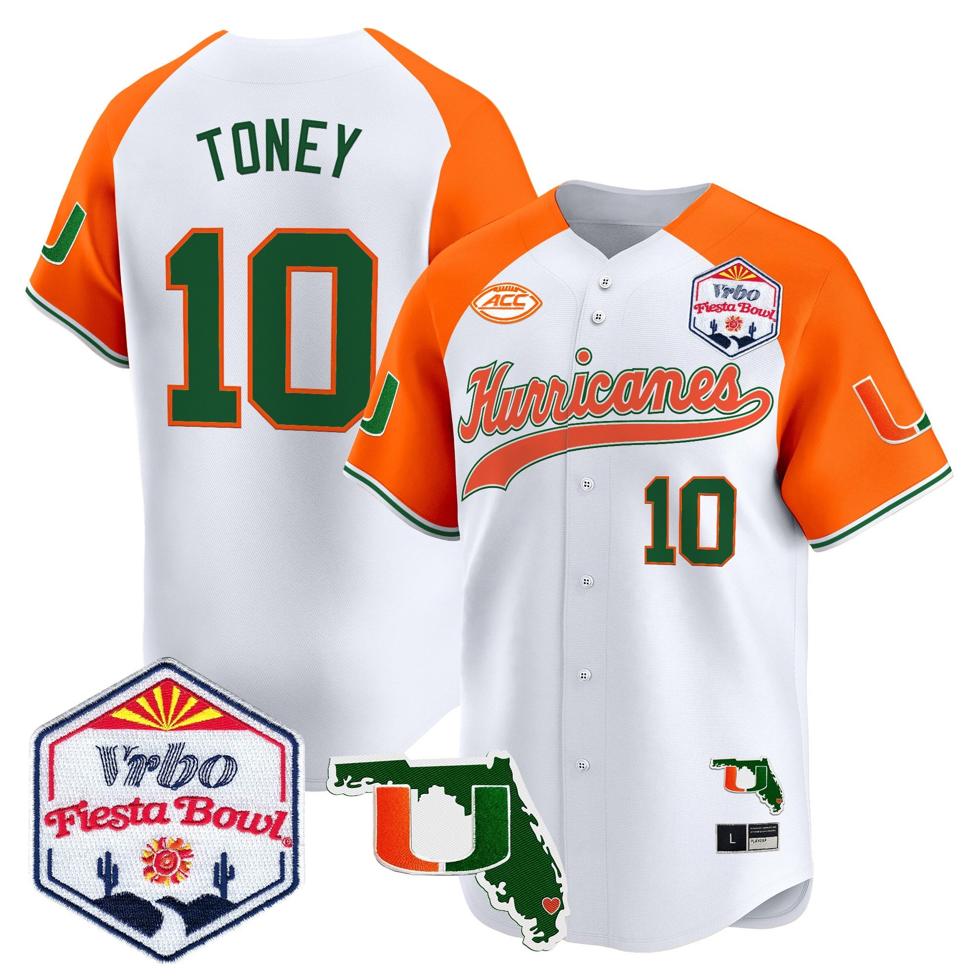 Men's Miami Hurricanes 2026 The Fiesta Bowl & Florida Patch Vapor Baseball Jersey - All Stitched