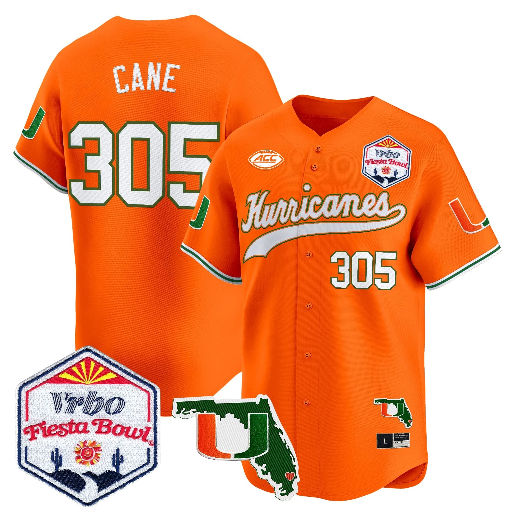 Men's Miami Hurricanes 2026 The Fiesta Bowl & Florida Patch Vapor Baseball Jersey - All Stitched