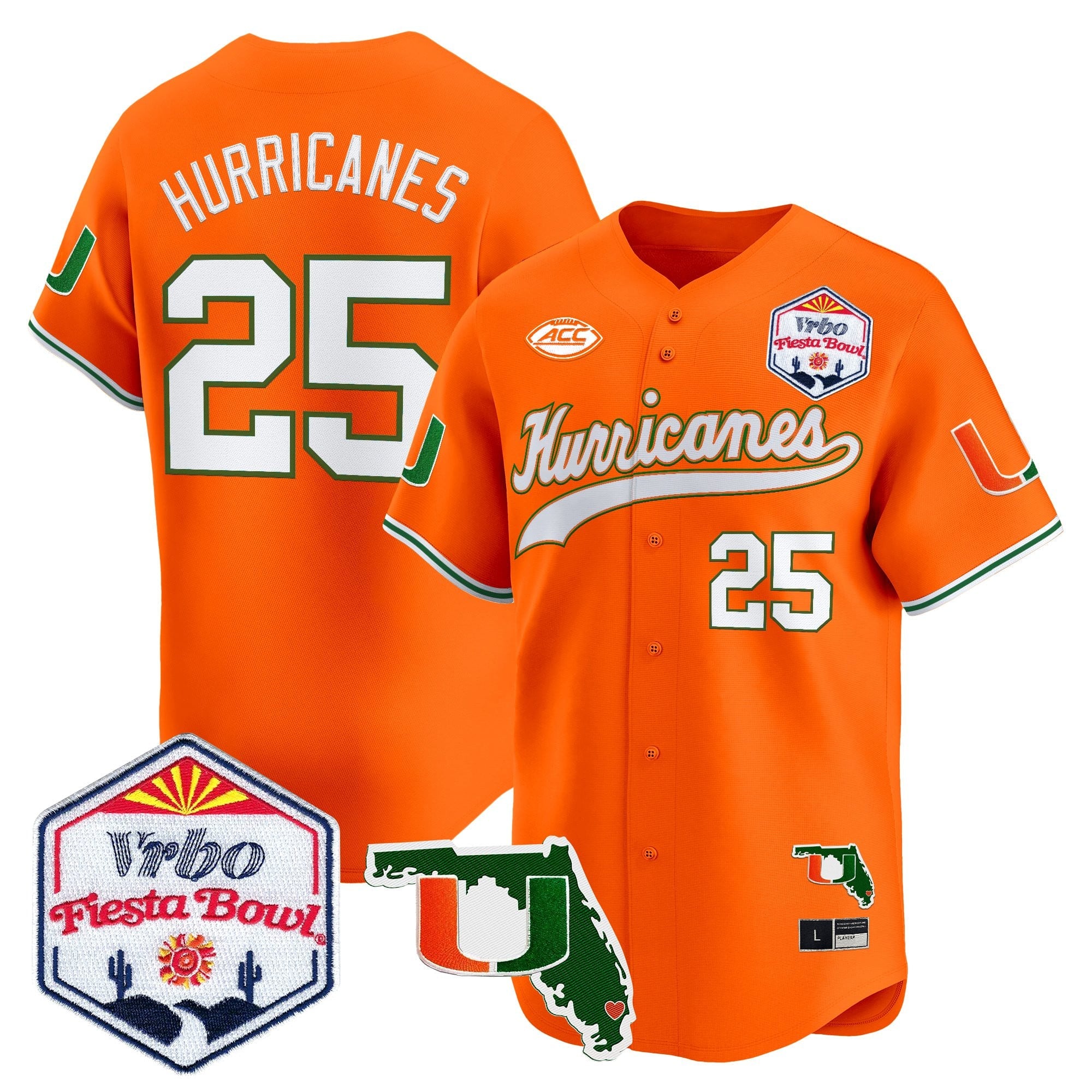 Men's Miami Hurricanes 2026 The Fiesta Bowl & Florida Patch Vapor Baseball Jersey - All Stitched