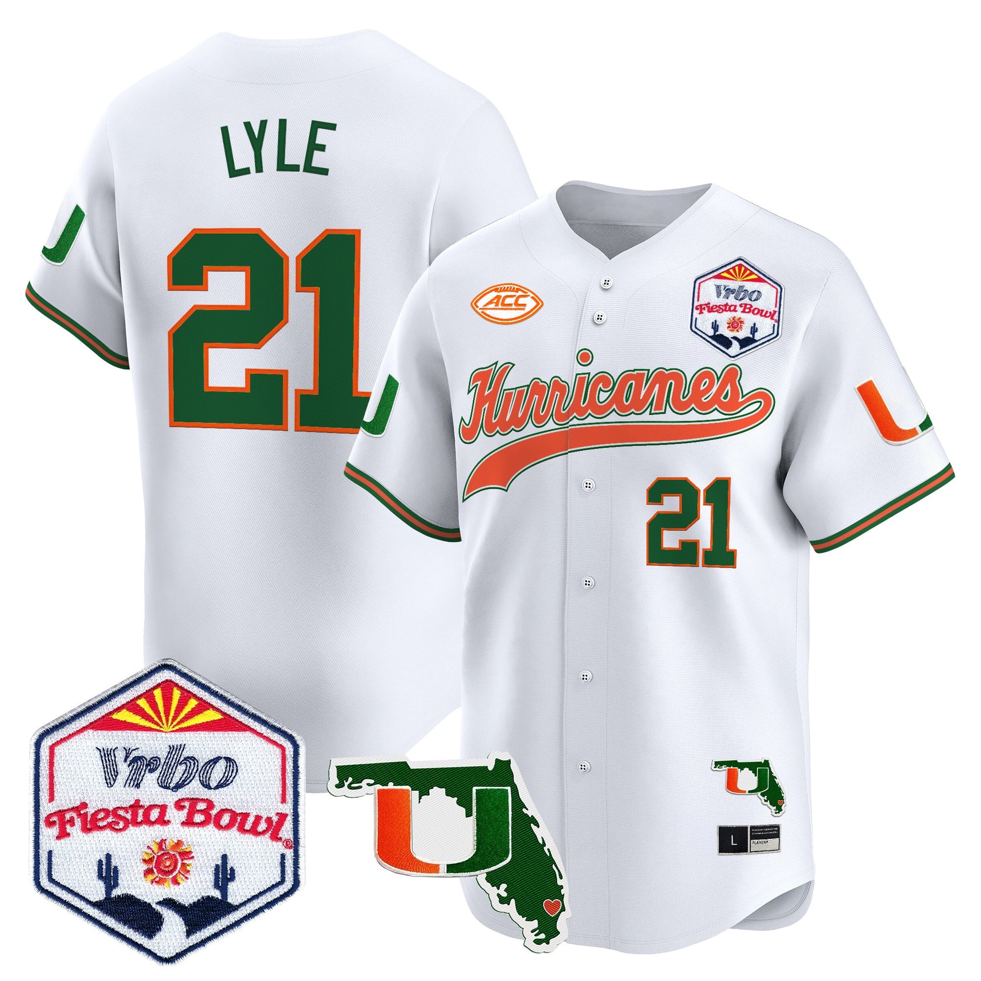 Men's Miami Hurricanes 2026 The Fiesta Bowl & Florida Patch Vapor Baseball Jersey - All Stitched